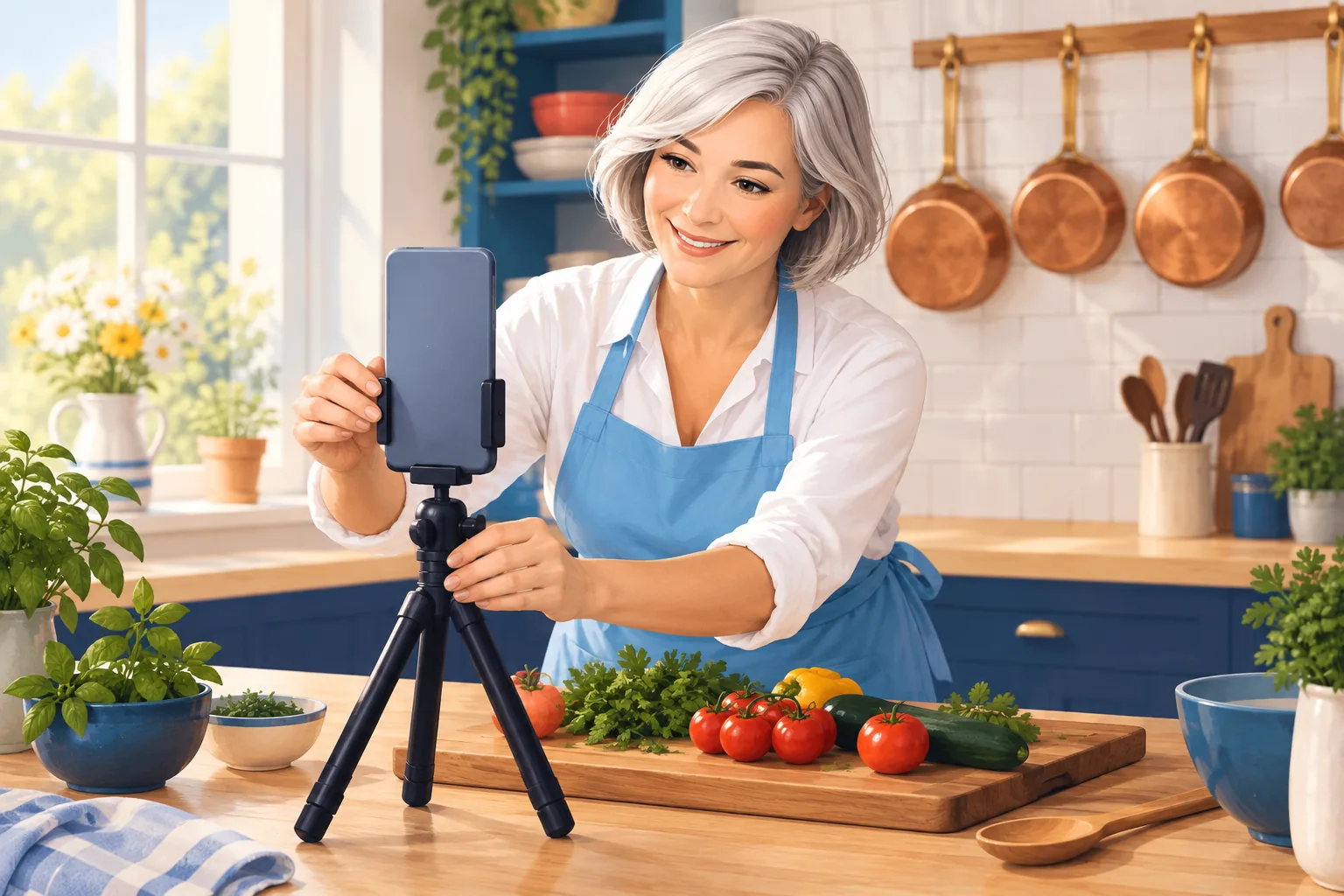 Cooking teacher in her bright home kitchen setting up a phone on a tripod to film a lesson for her class, smiling