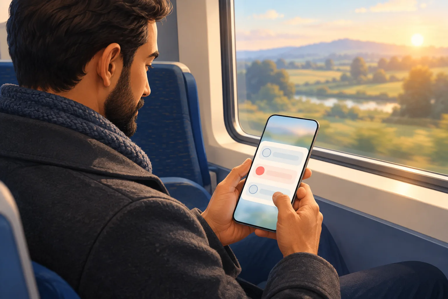 Man on a morning commuter train tapping his phone to switch an old video to unlisted, calm and focused