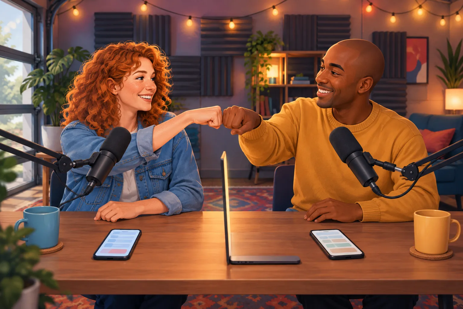 Two podcast co-hosts in a garage studio sharing a fist bump beside a laptop after scheduling their next episode