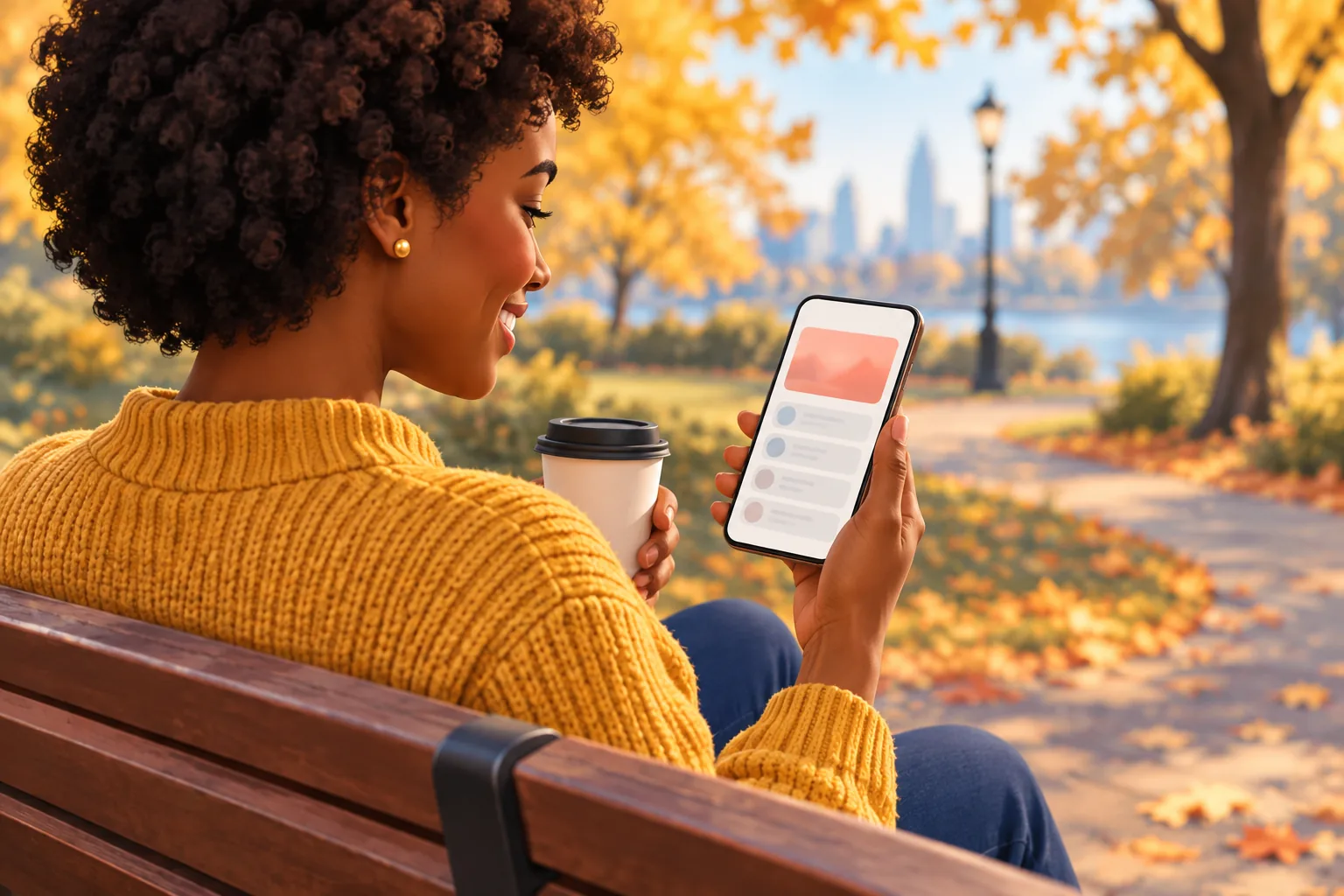 Woman on an autumn park bench smiling at her phone as an email arrives about her favorite creator's new video
