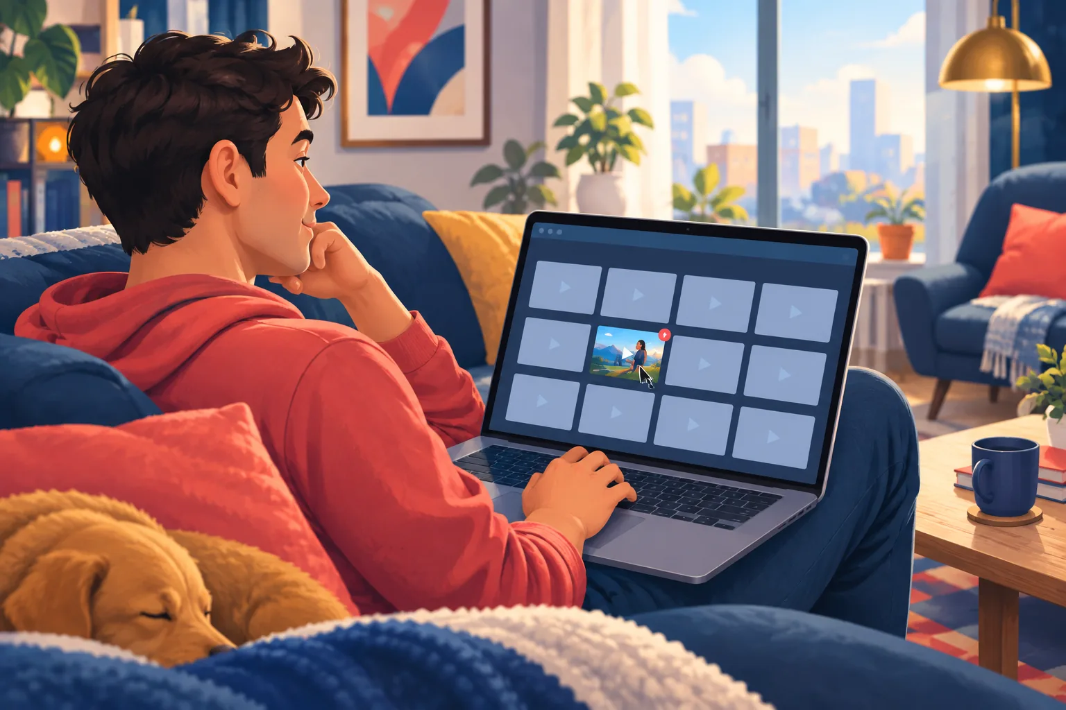 Viewer scrolling his laptop as a thumbnail preview autoplays under his cursor, barely glancing at it on his way past