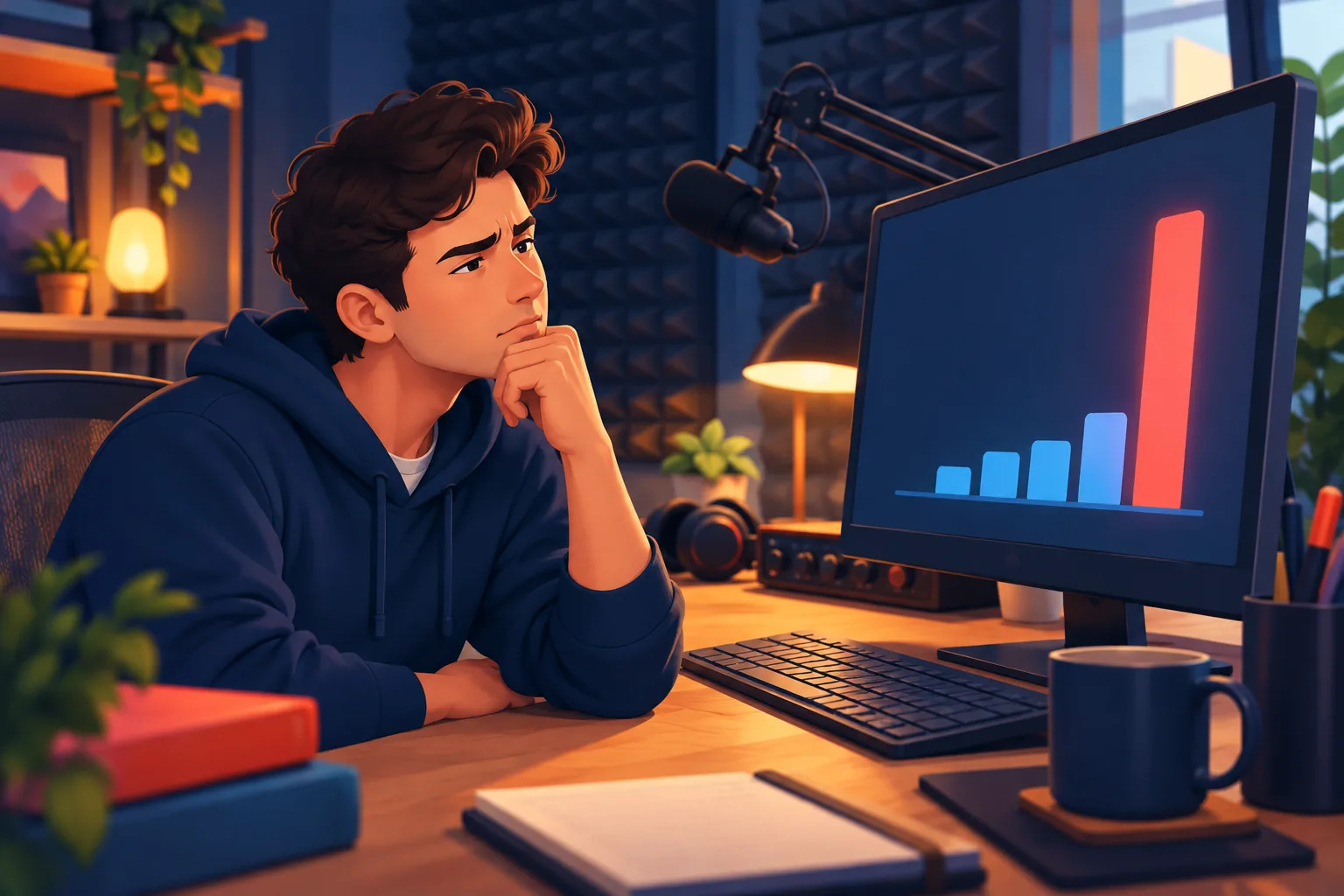 Creator in his home studio eyeing a suddenly taller bar on his monitor with doubt, hand on chin, unconvinced