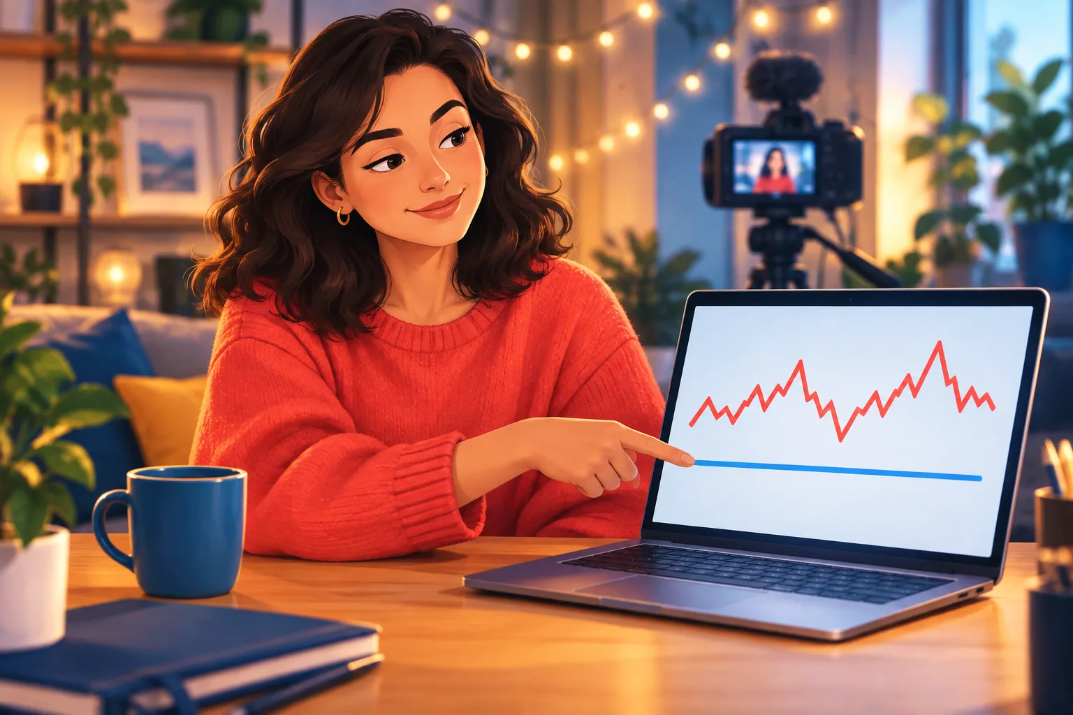 Focused creator in a cozy filming studio pointing at a steady line on her laptop screen, calm and in control