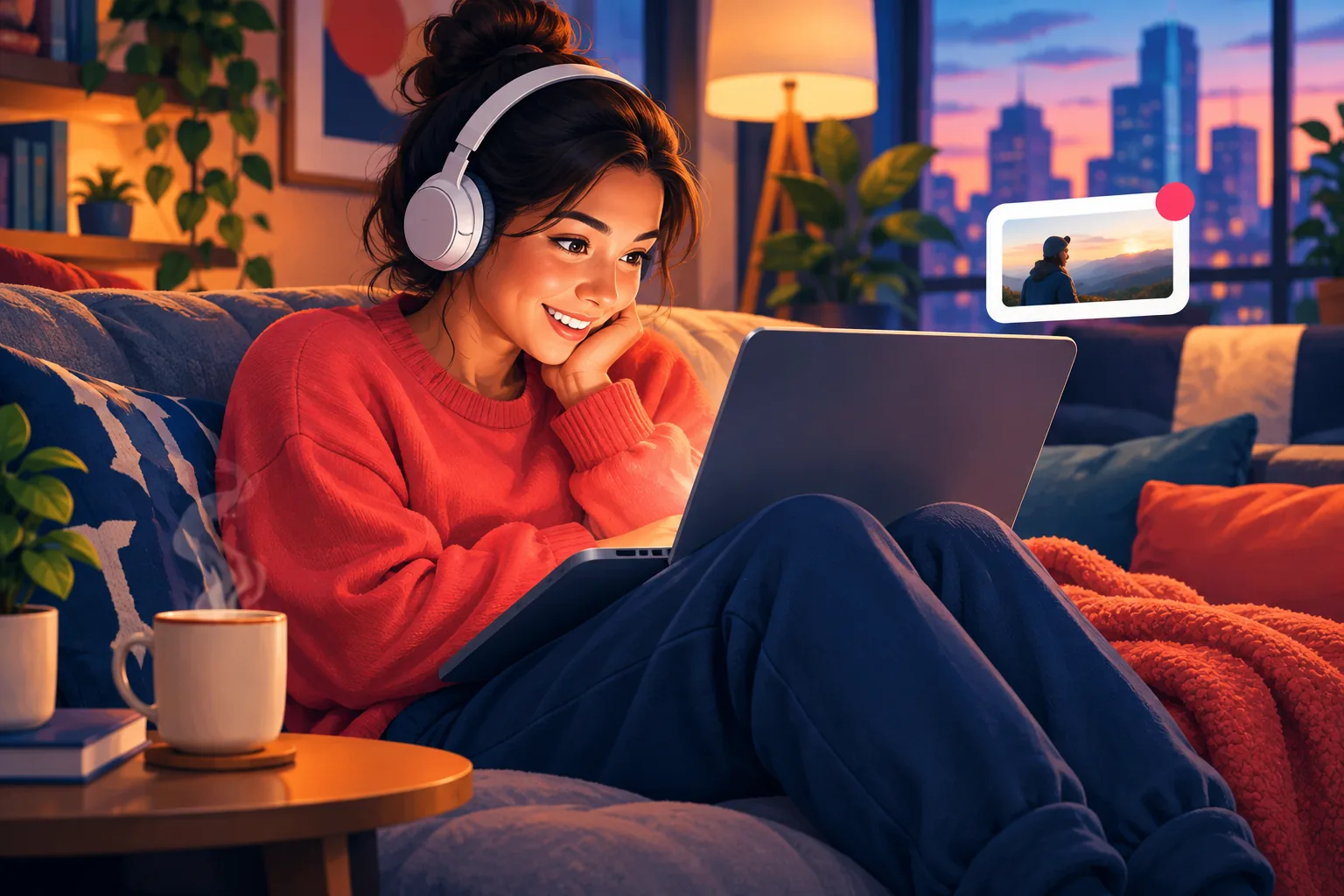 Fan on her couch leaning toward her laptop, genuinely absorbed in a video, the real person behind a view count