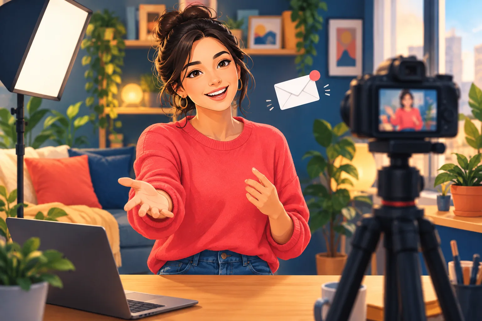 Smiling creator recording an outro in warm studio light, inviting viewers to follow her by email, open welcoming gesture