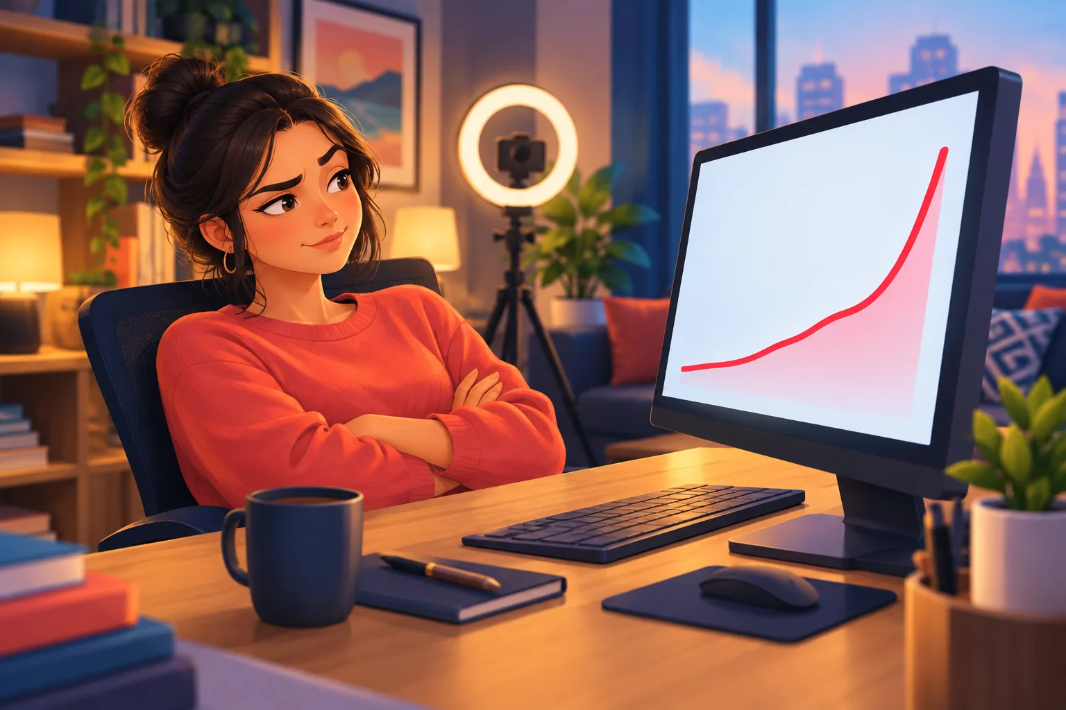 YouTube creator at her desk eyeing a suddenly rising views graph with a skeptical look after the 2026 view count change
