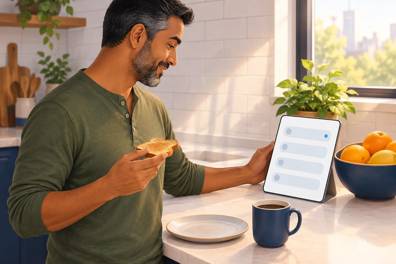 Bearded man holding toast in a sunny kitchen, smiling at a tablet list where the top row has a small blue dot