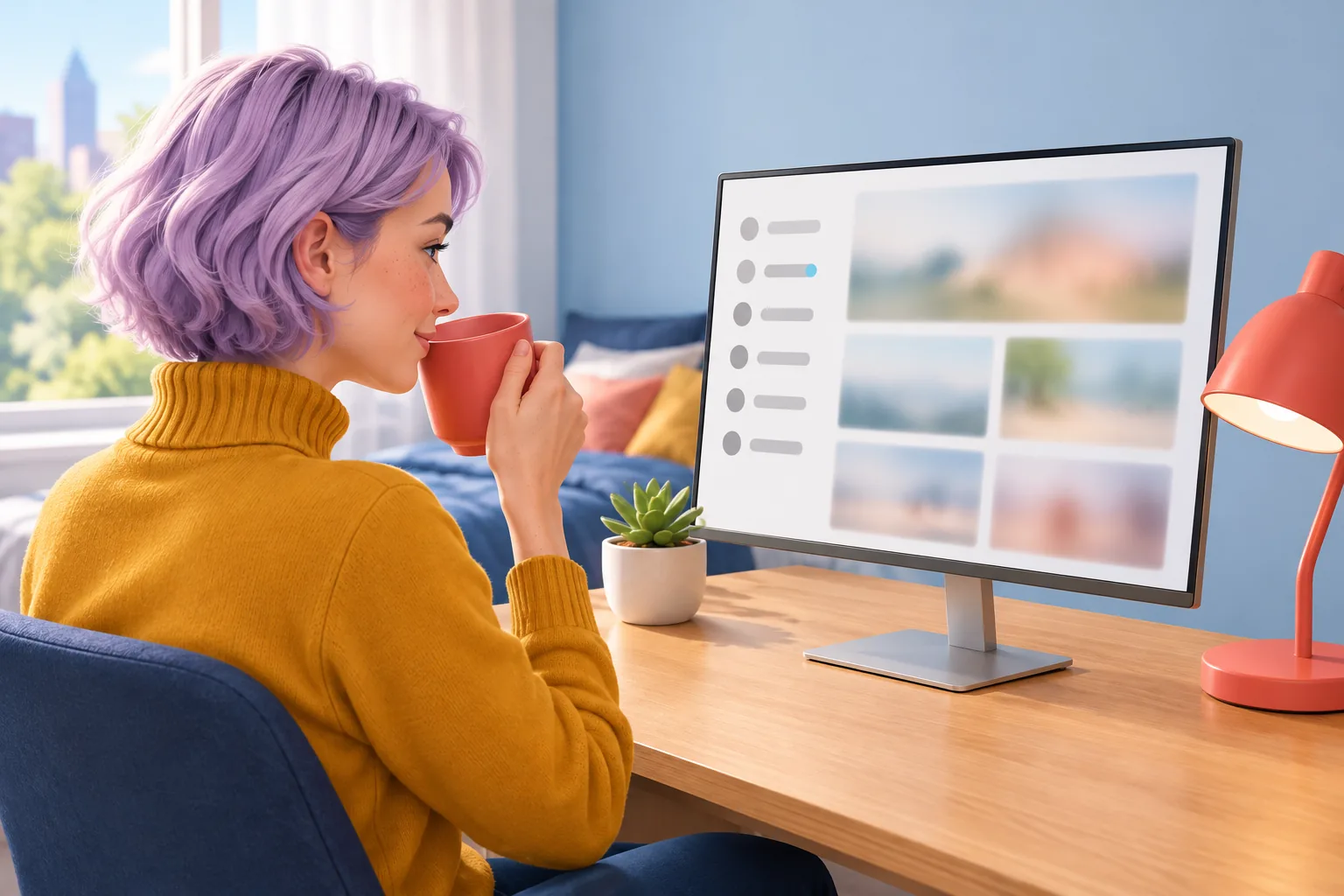 Woman with lavender hair sipping from a coral mug at her desk, her monitor's left menu showing one small blue dot