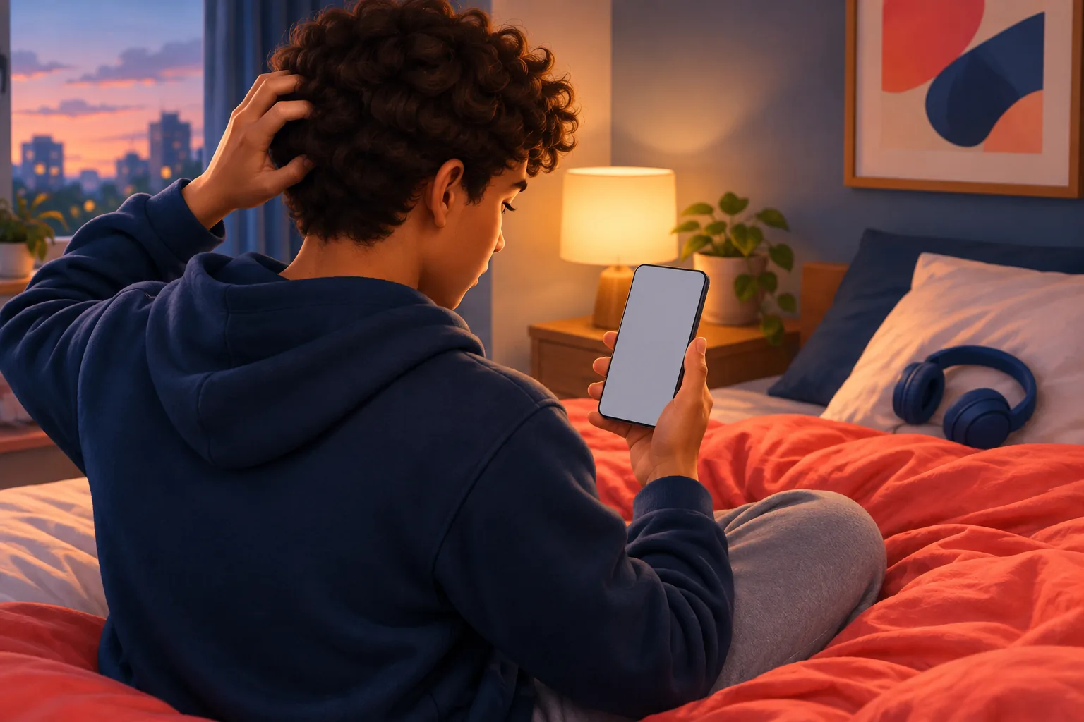 Puzzled teen in a navy hoodie on his bed at dusk, scratching his head at a blank phone screen