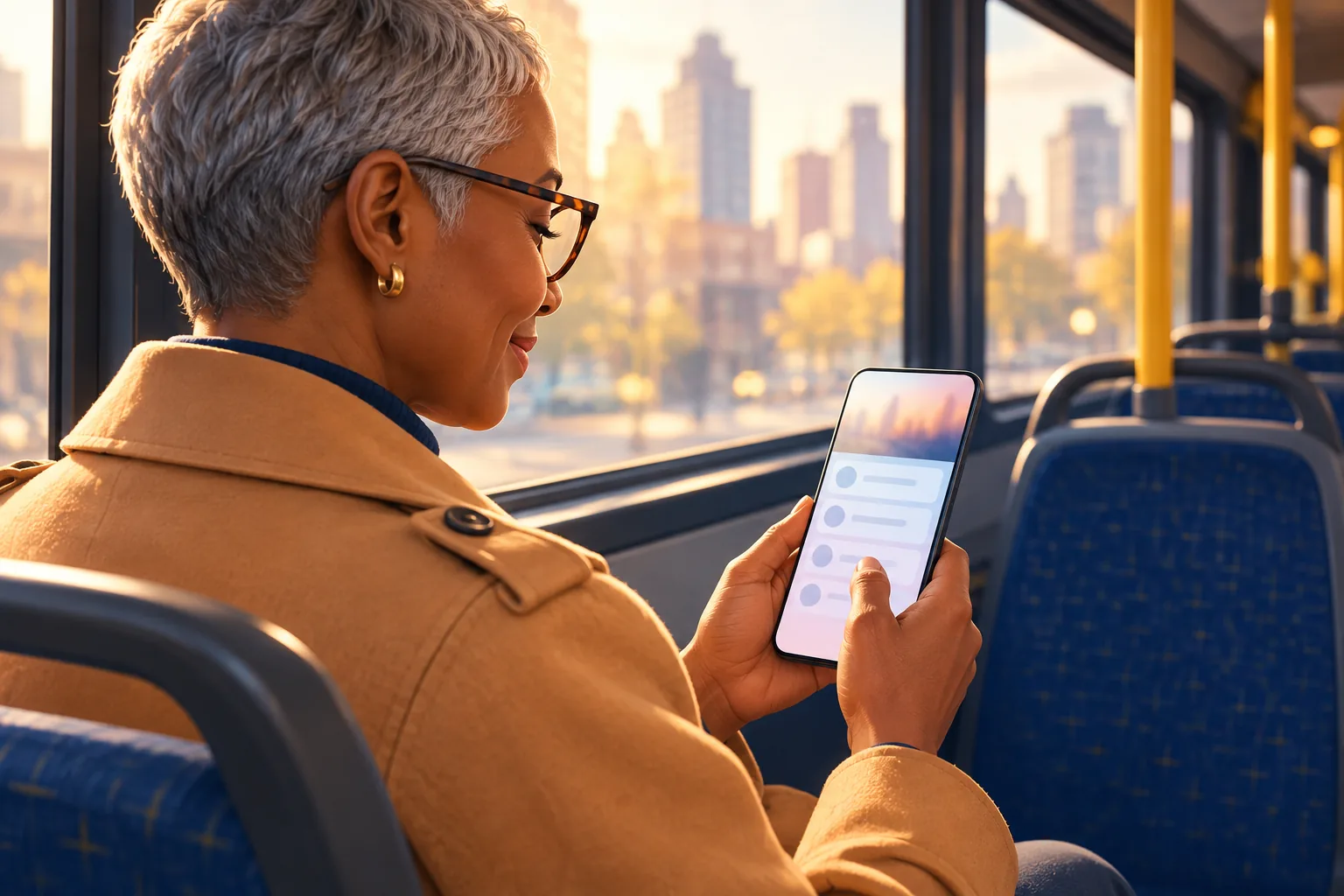 Woman with grey hair and glasses on a city bus smiling as she taps a channel row on her phone