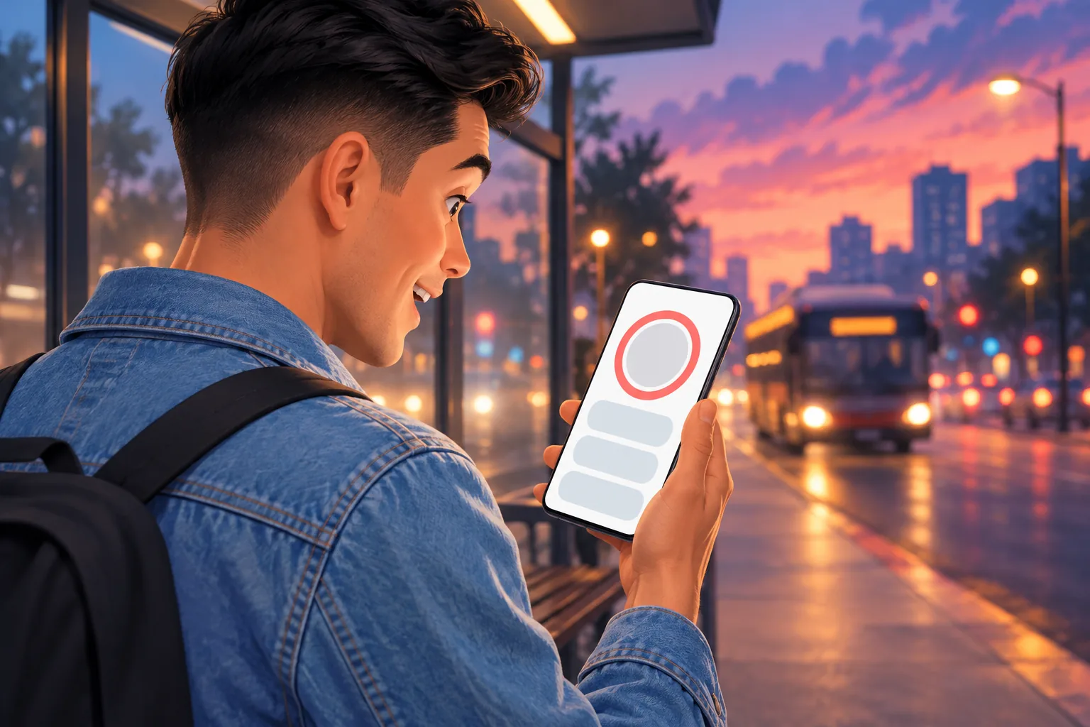 Excited young man at a bus stop at dusk looking at a profile circle with a red ring on his phone