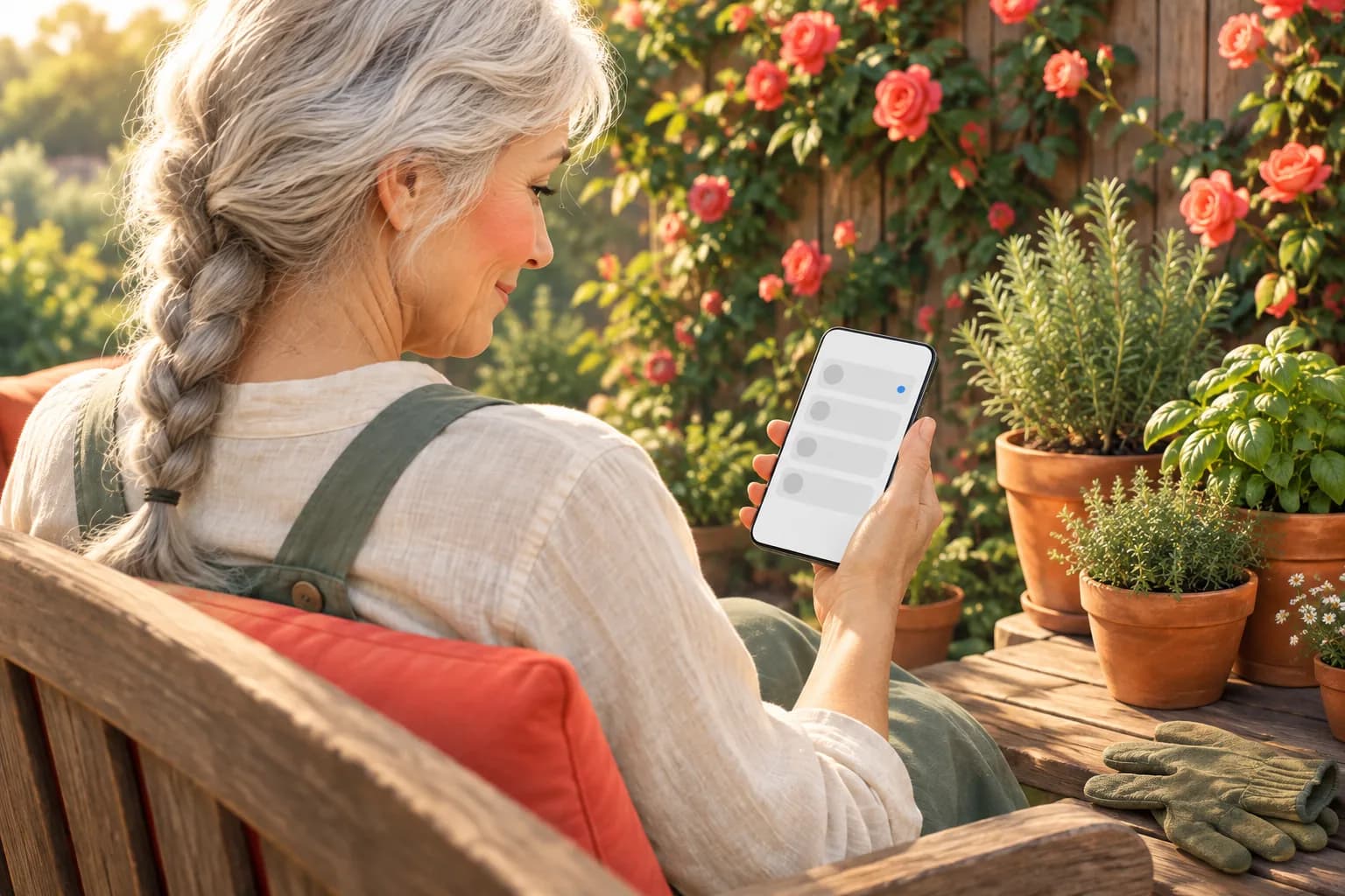 Woman with a silver braid on a garden bench smiling wryly at a phone list with one small blue dot