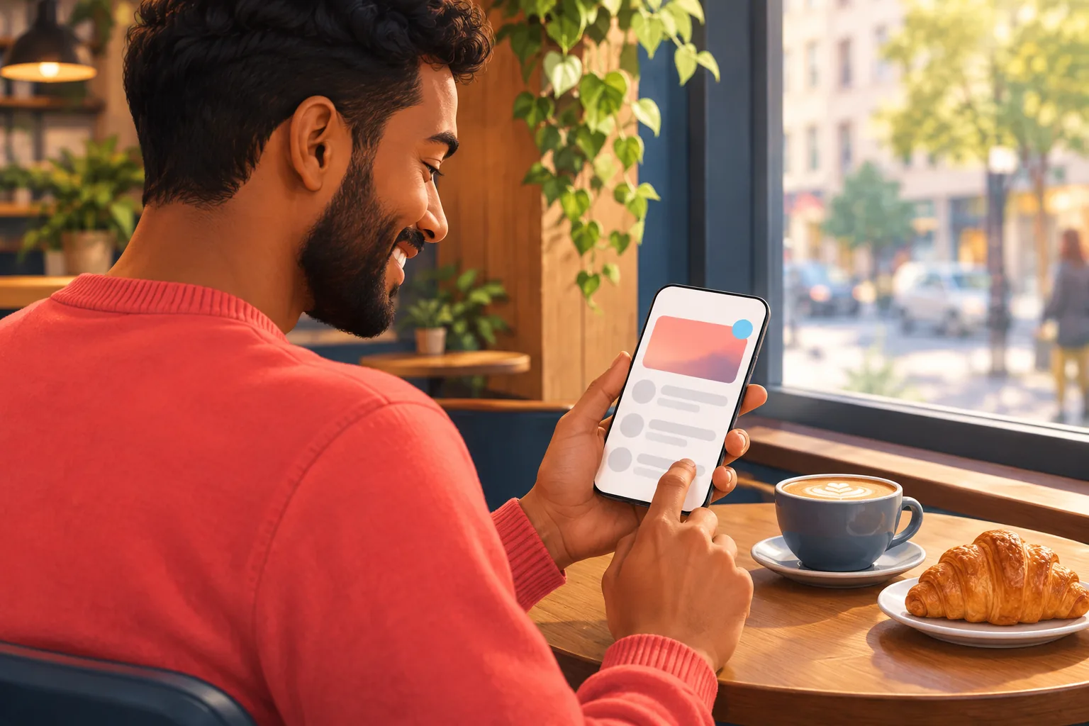 Smiling man in a coral sweater at a cafe table reading a new-video email on his phone over a cappuccino