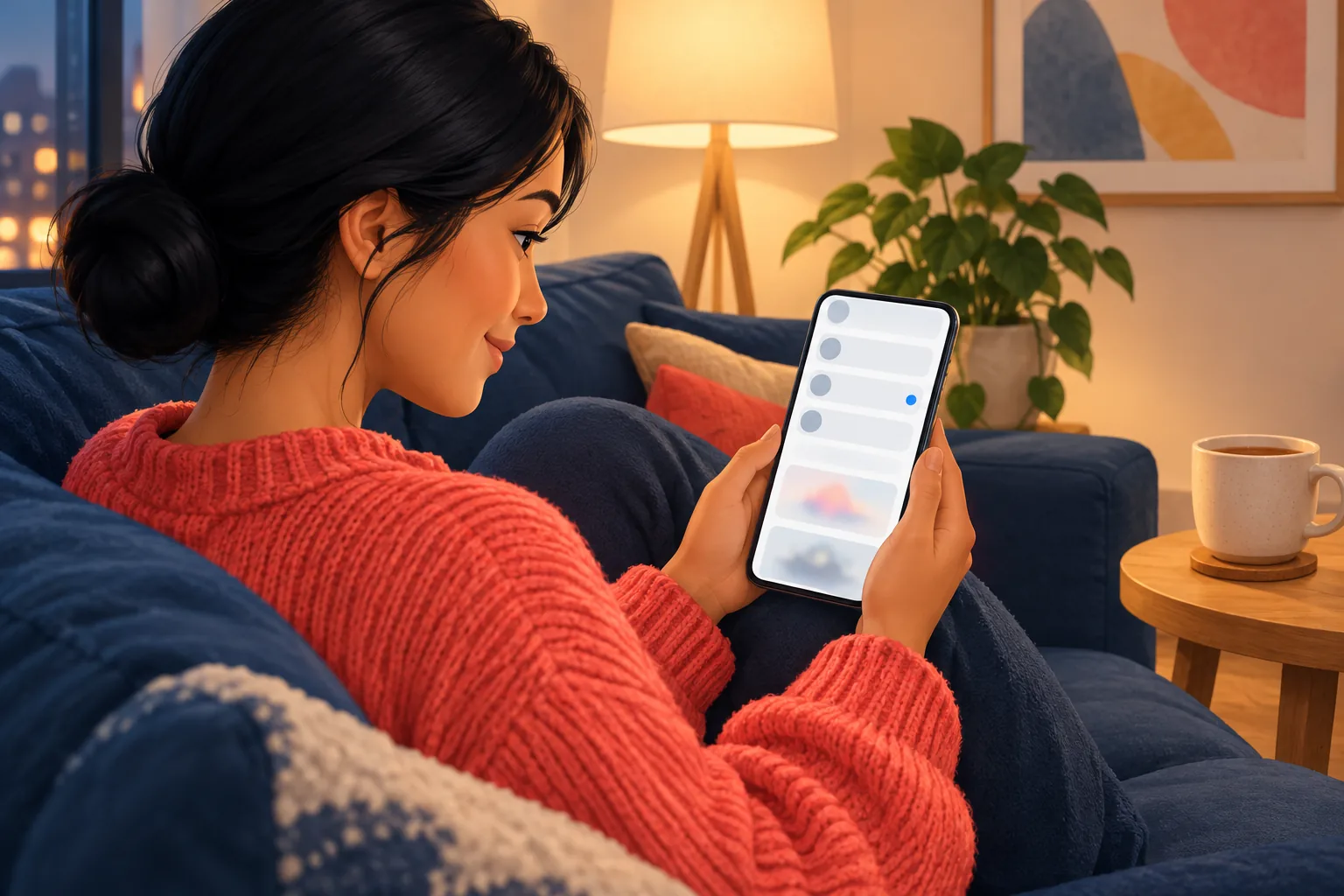 Woman in a coral sweater on a navy sofa smiling at her phone, where one channel row shows a small blue dot