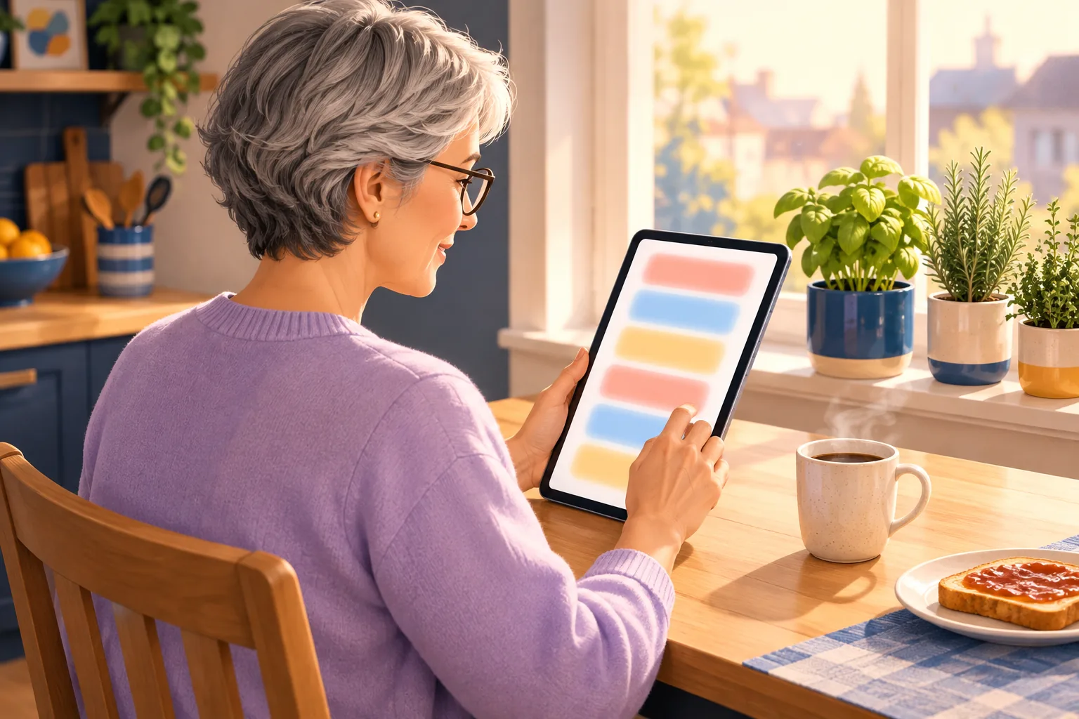 Woman at a kitchen table with morning coffee, scrolling a feed of new videos on her tablet