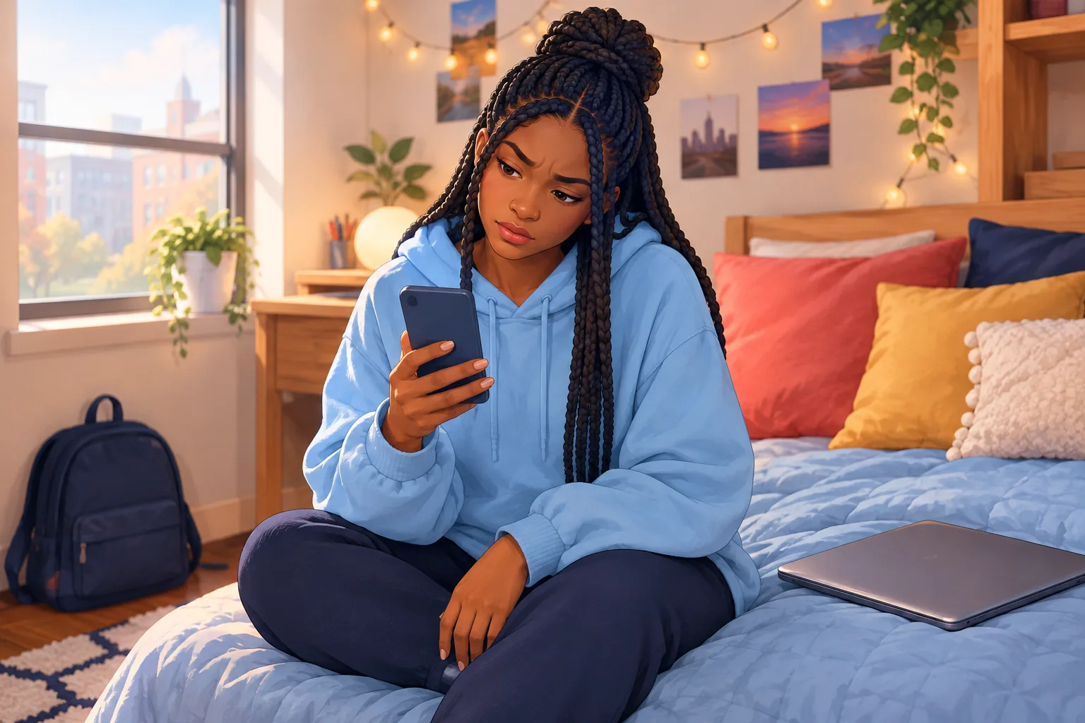 College student on her bed looking puzzled at her phone after missing an upload from a channel she subscribed to
