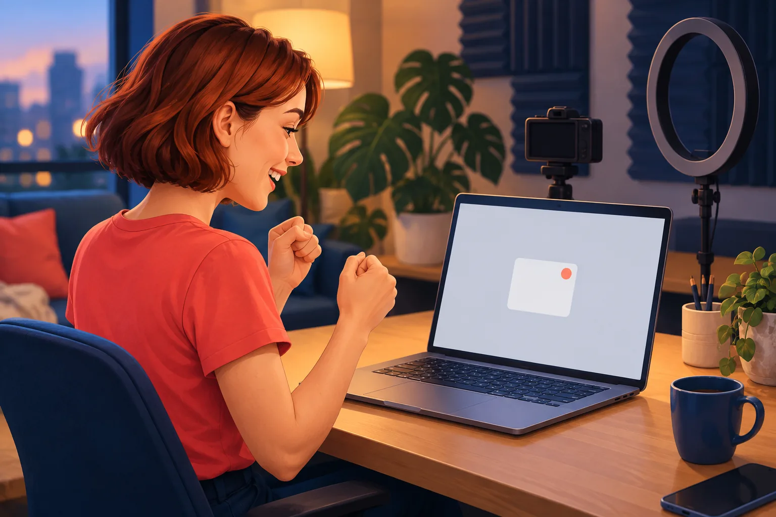 Young creator in a cozy home studio smiling at her laptop as a new subscriber arrives