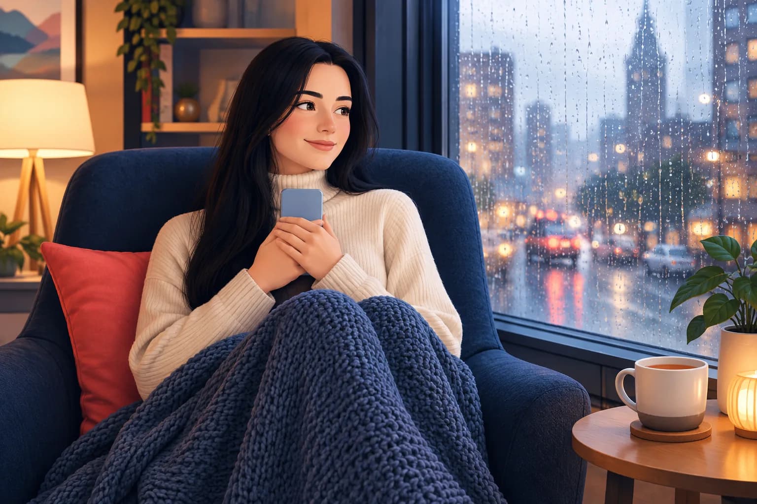 Woman curled up in an armchair by a rainy window, holding her phone close with a calm, private smile