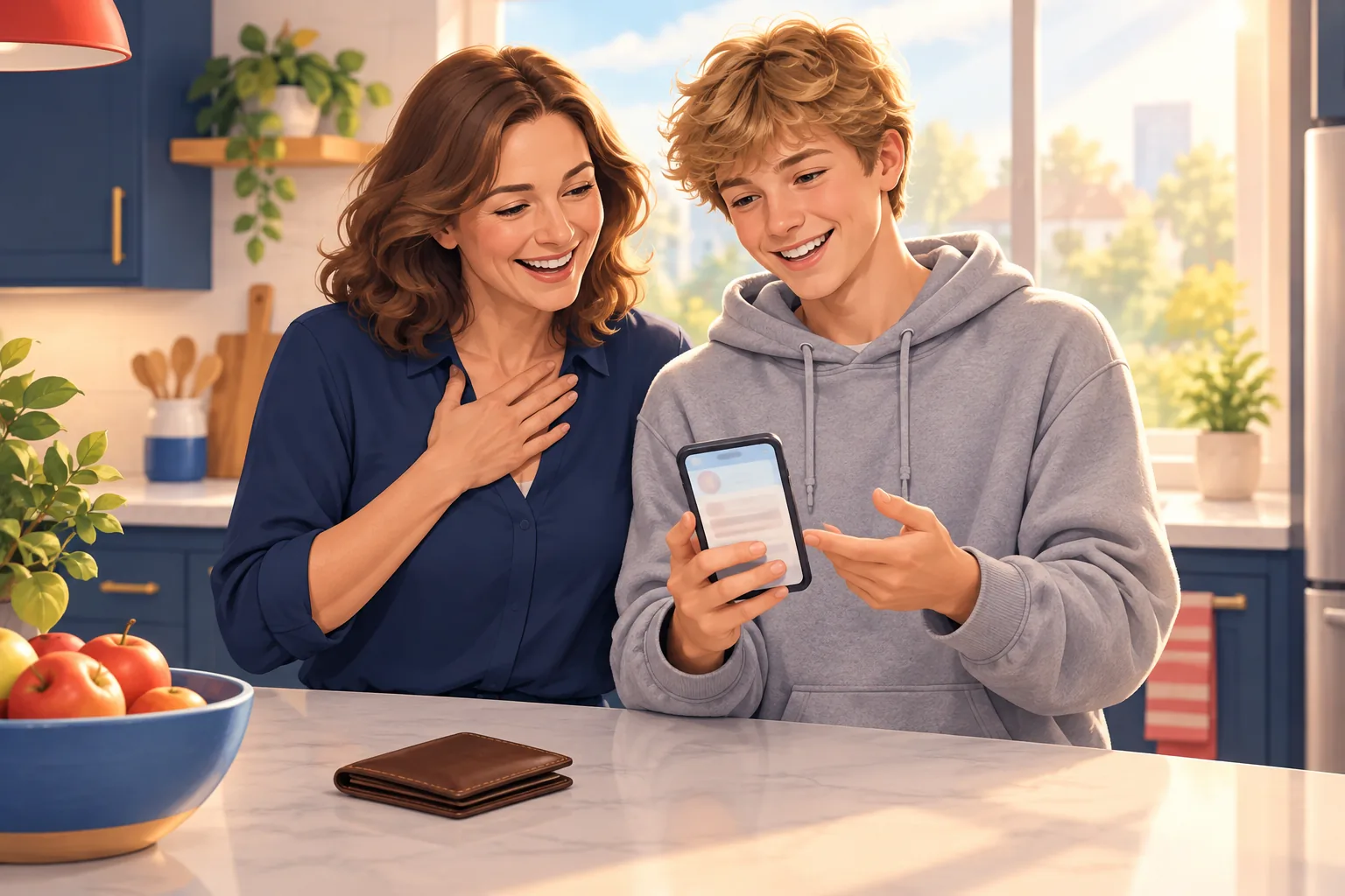 Mother and teenage son at a kitchen counter, the mother relieved after learning that subscribing to a channel is free