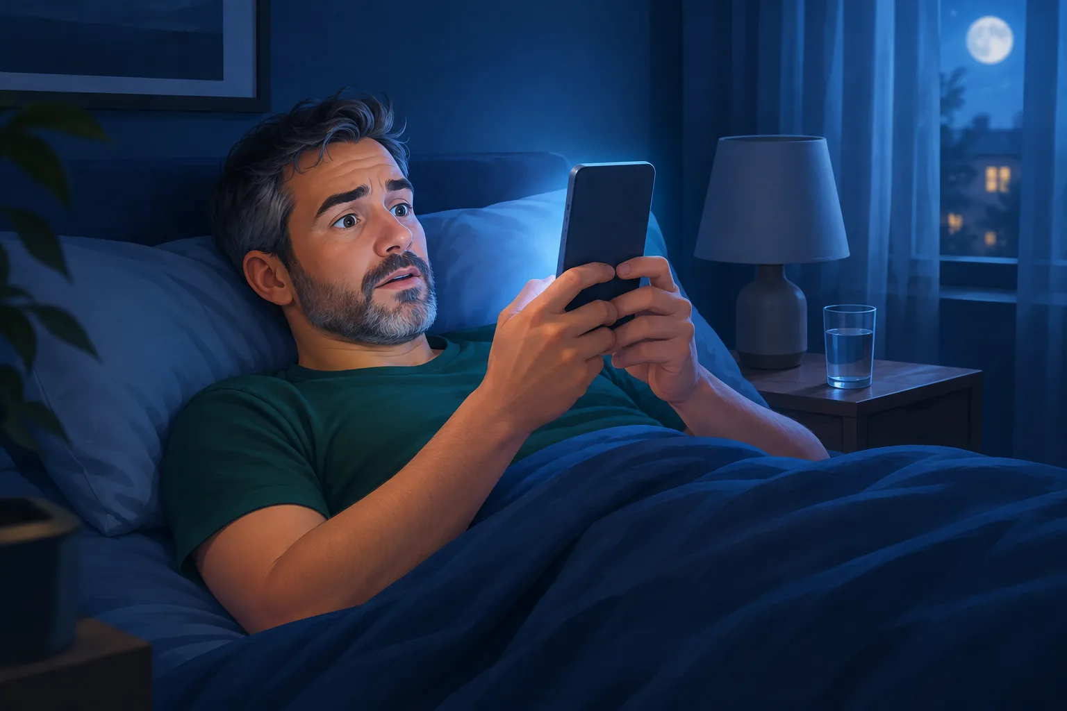 Man lying in bed late at night, surprised by his phone's glow as he finds uploads he was never notified about
