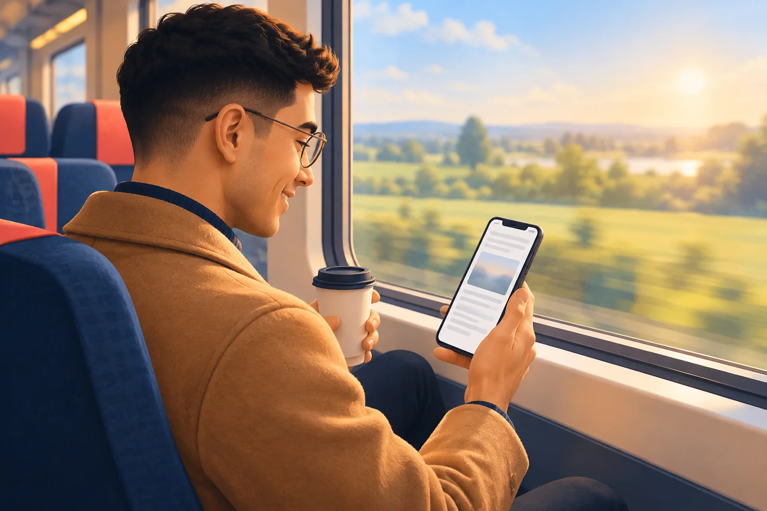 Man on a morning train smiling at a new upload email on his phone
