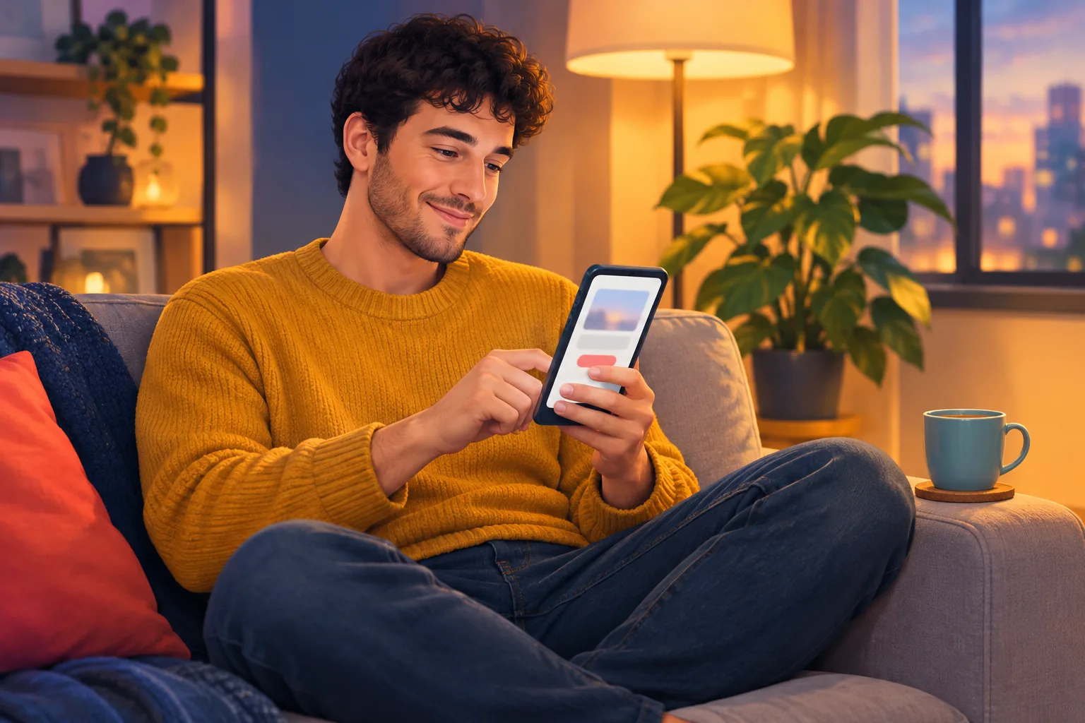 Man on a sofa tapping Subscribe on his phone with a hopeful smile, expecting to hear about the next upload