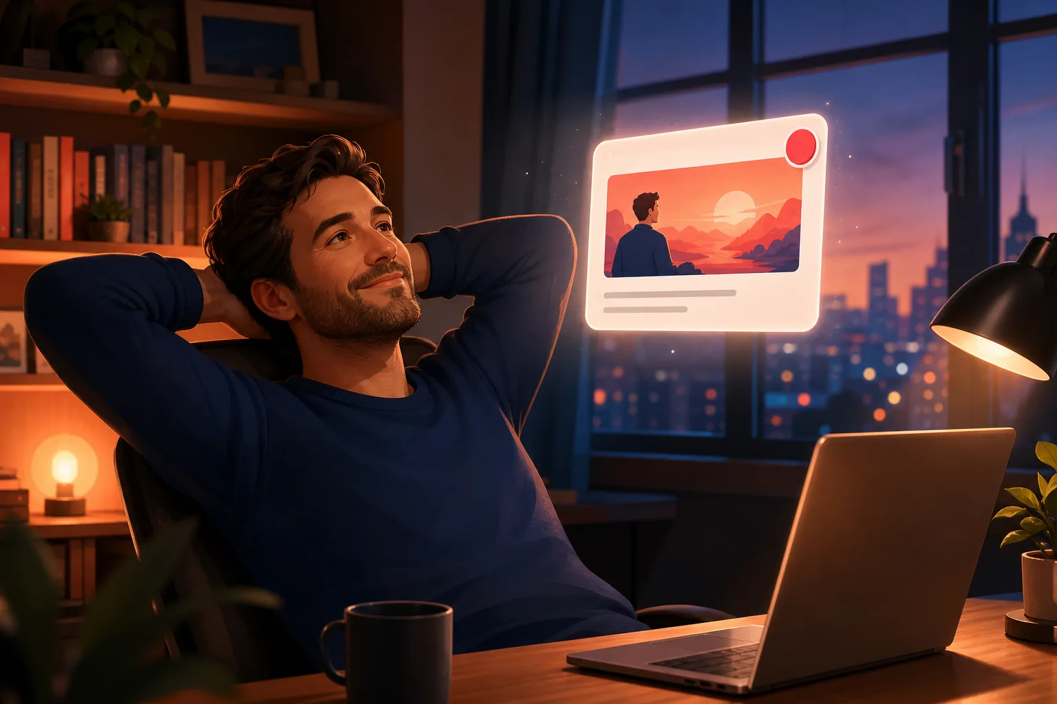 Man in a cozy home office smiling nostalgically, remembering when a channel's new video reliably landed in his inbox