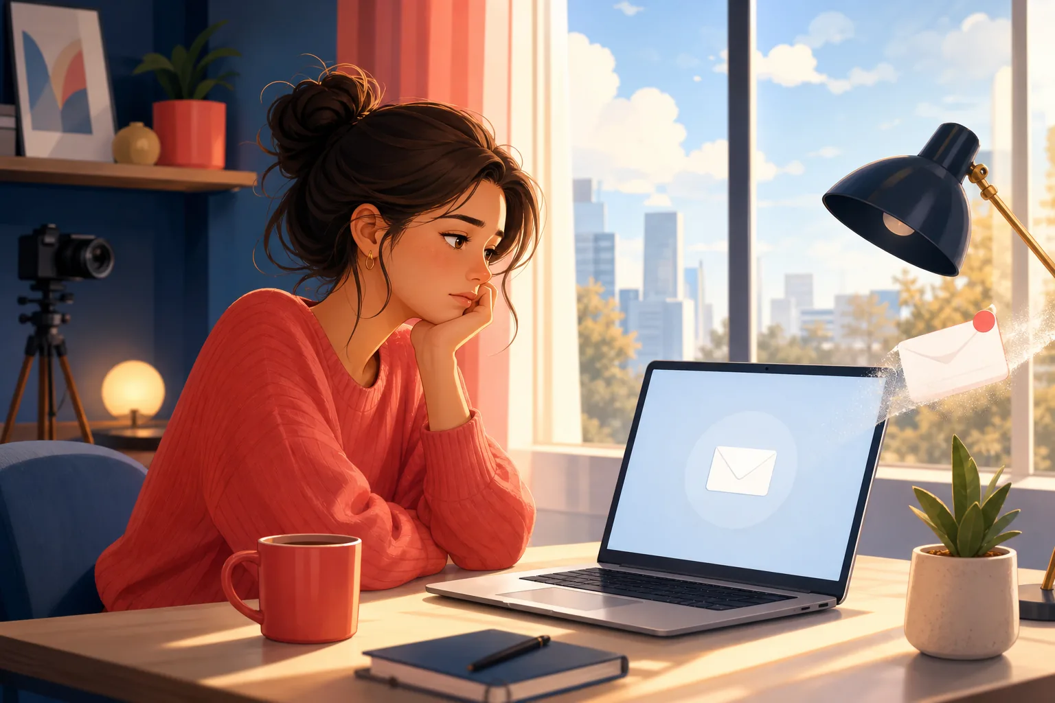 Young woman at a bright desk looking disappointed at an empty inbox, an email that used to arrive no longer coming