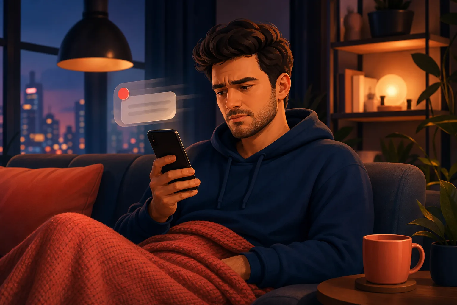 Man on his couch frowning at his phone, a push notification held back and fading, an alert that never actually arrived