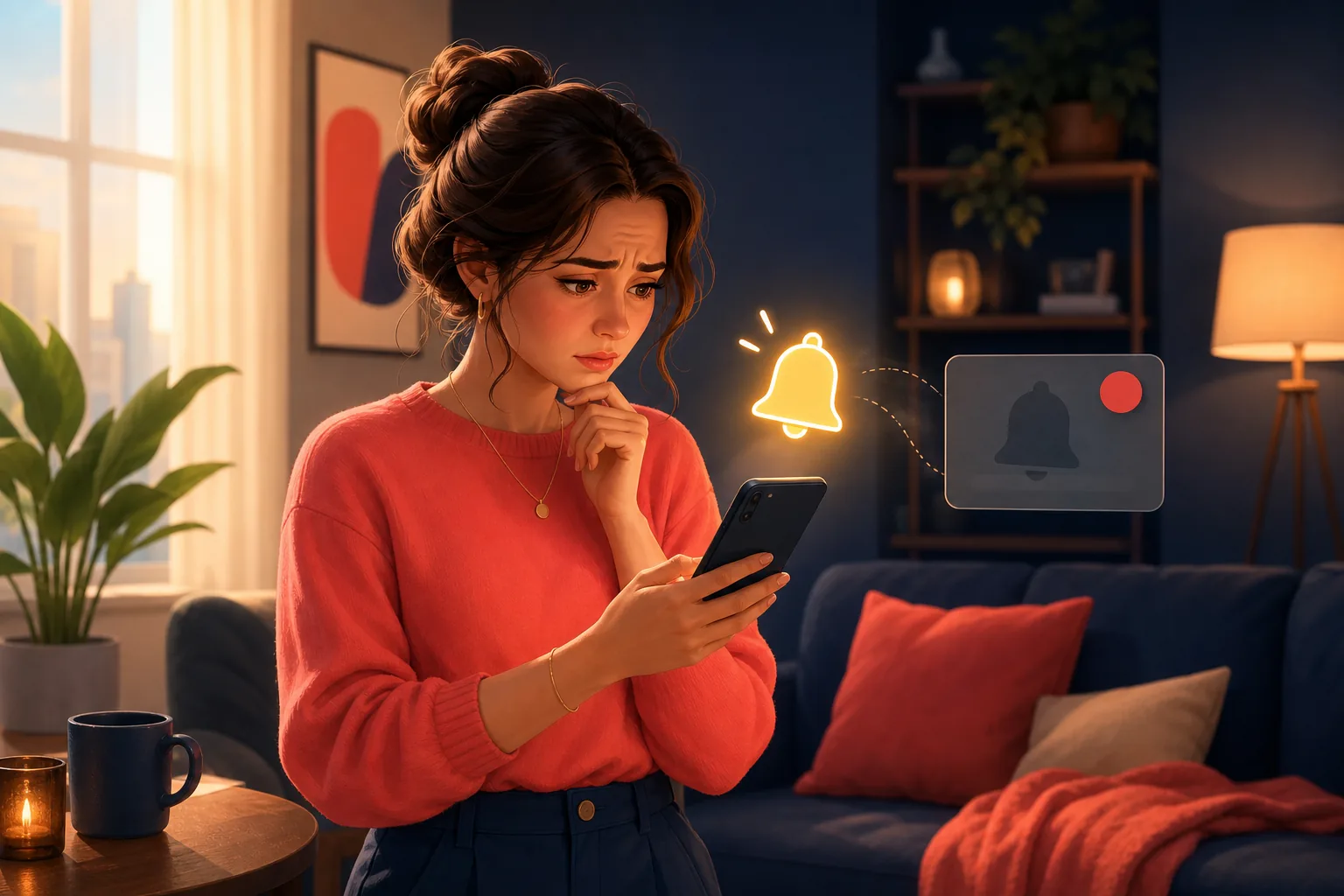 Woman in a living room puzzled at her phone, bell set correctly yet the notification silently skipped