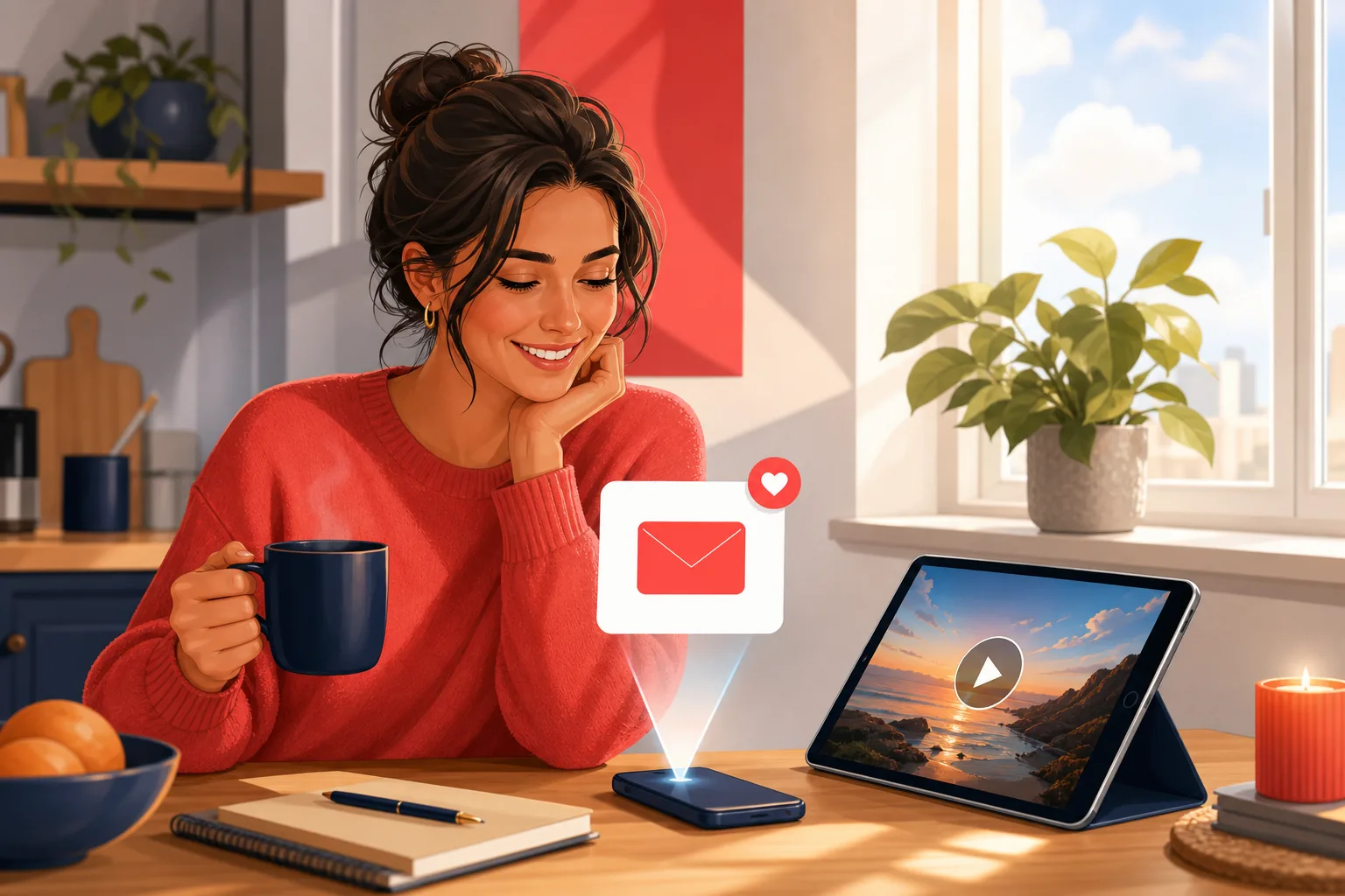 Woman at a sunlit kitchen table smiling as a clean, reliable upload email lands on her phone again