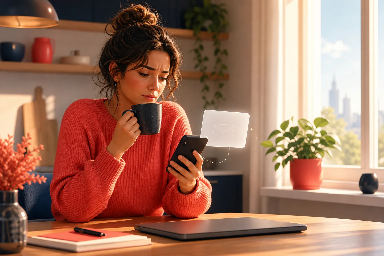 Woman at a sunlit kitchen table with coffee, puzzled that the YouTube upload email she once got no longer arrives