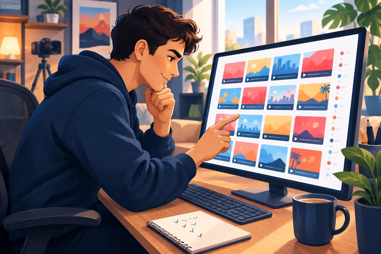 A young man at a desk scrolling a grid of video thumbnails and spotting a pattern in when they were posted