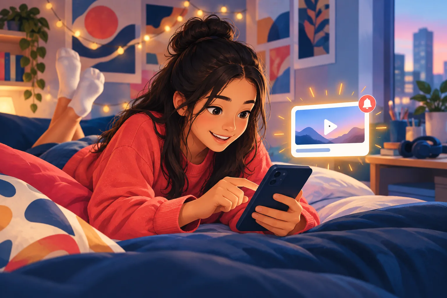 A cheerful teenage girl on her bed tapping a reminder for an upcoming video premiere on her phone
