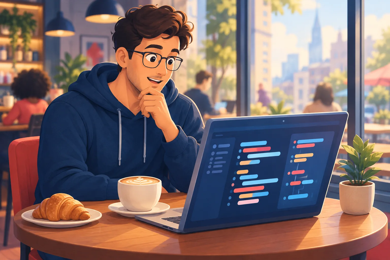 A curious man in a cafe studying structured rows of data on his laptop with an aha expression