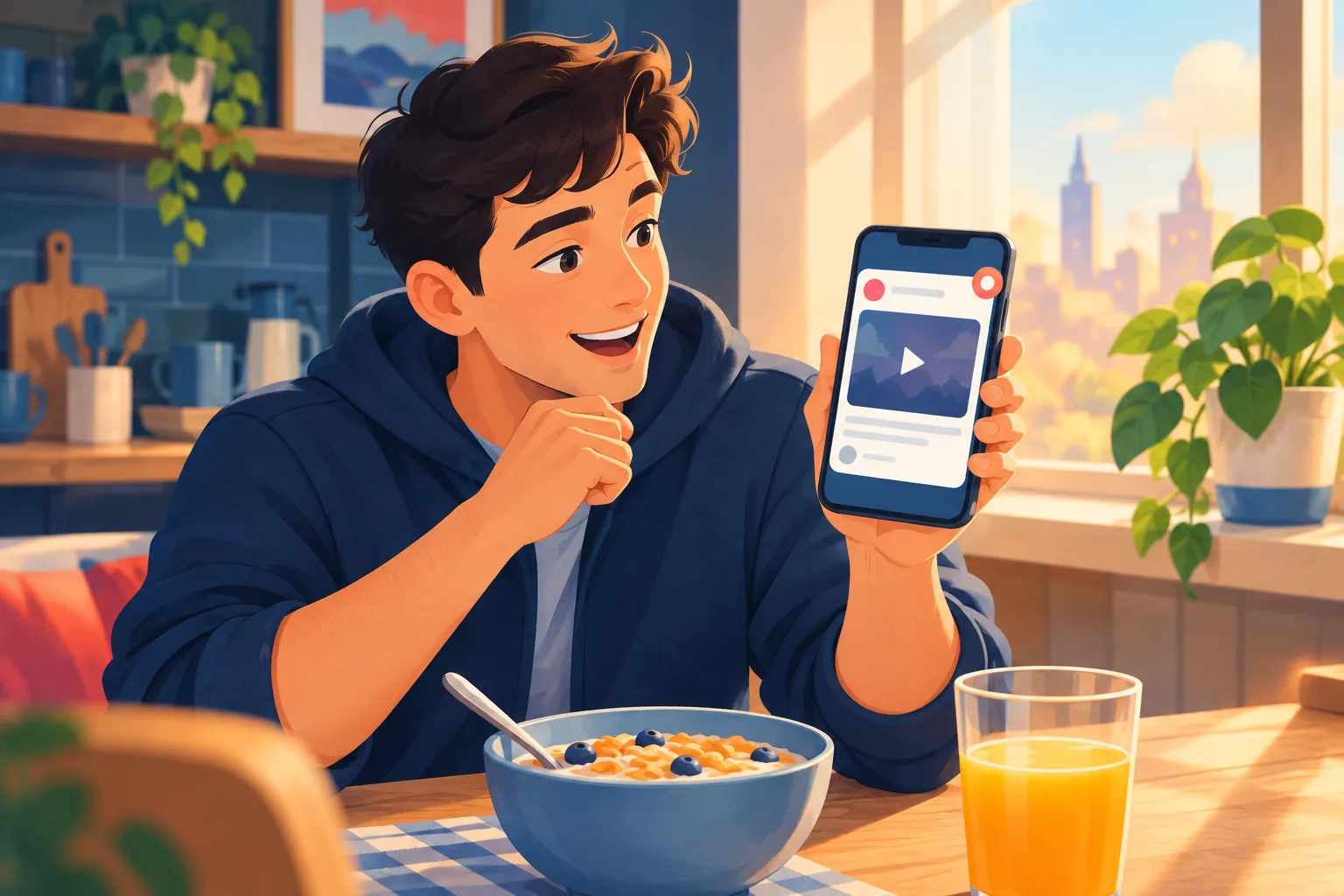 A young man at breakfast grinning at a social post on his phone announcing a new video