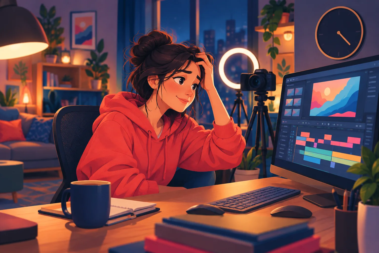 A creator in a home studio late at night editing a video and realizing the upload will be late