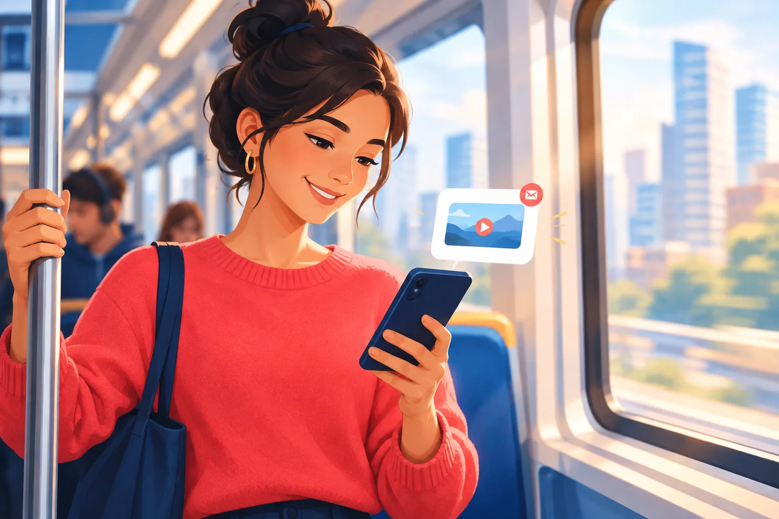 A young woman on a commuter train smiling as a new-video email arrives on her phone