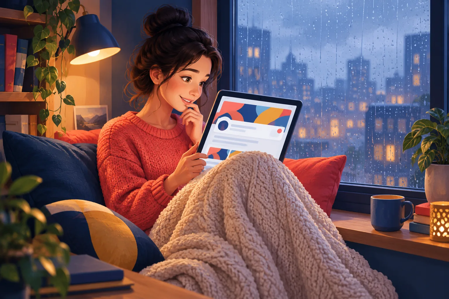 A young woman in a rainy window nook reading a channel page on her tablet and discovering its upload day