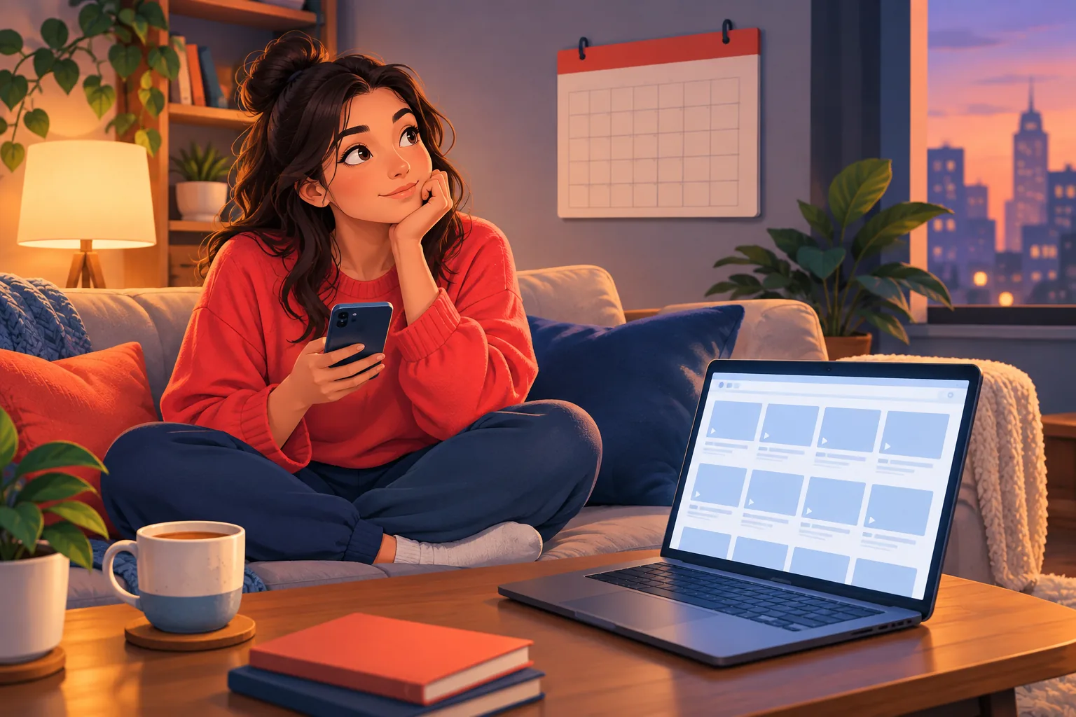 Fan on a sofa checking her phone and wondering when her favorite YouTube channel will upload next