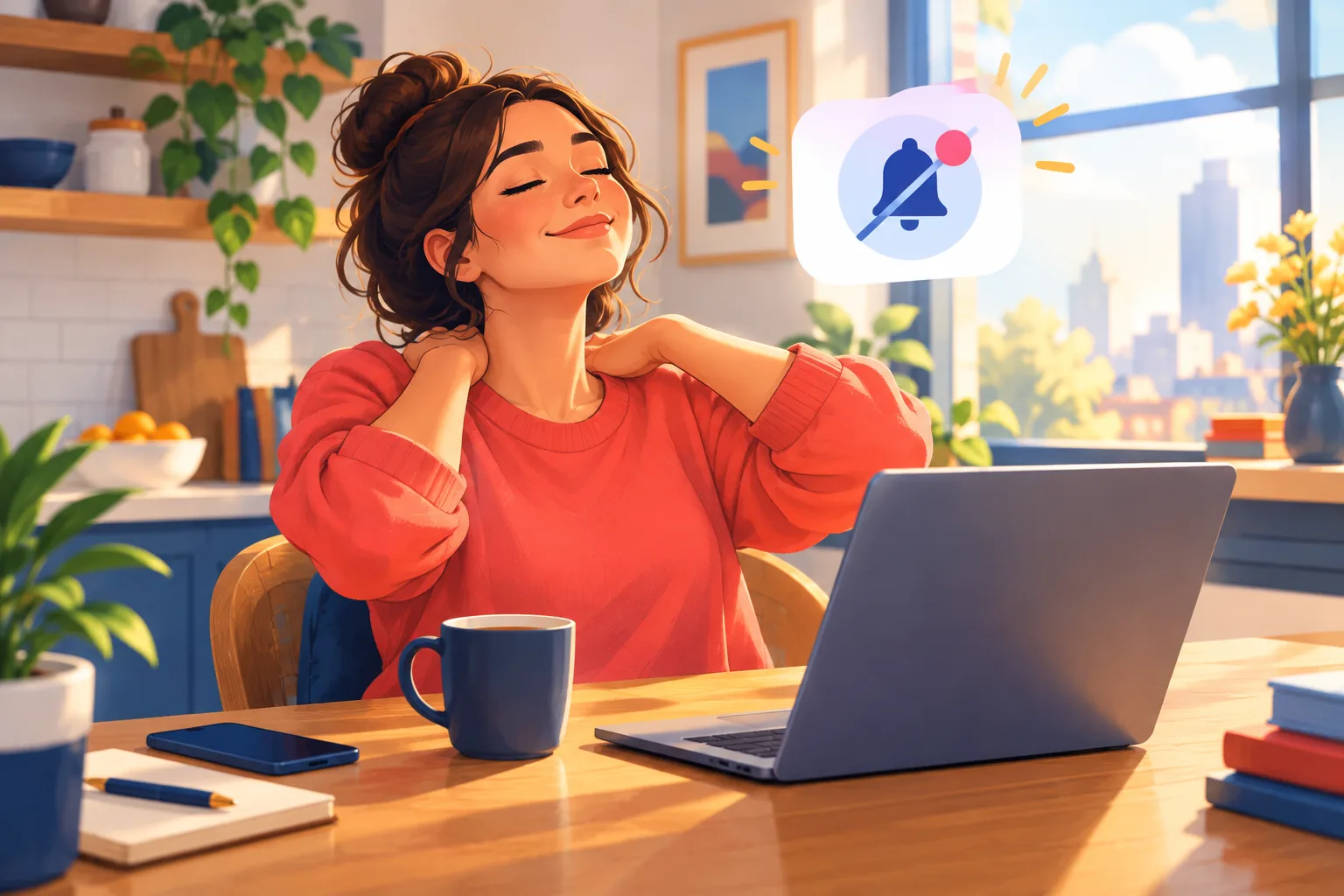 Relieved woman realizing the silent notifications are not her fault, unclenching at her kitchen table