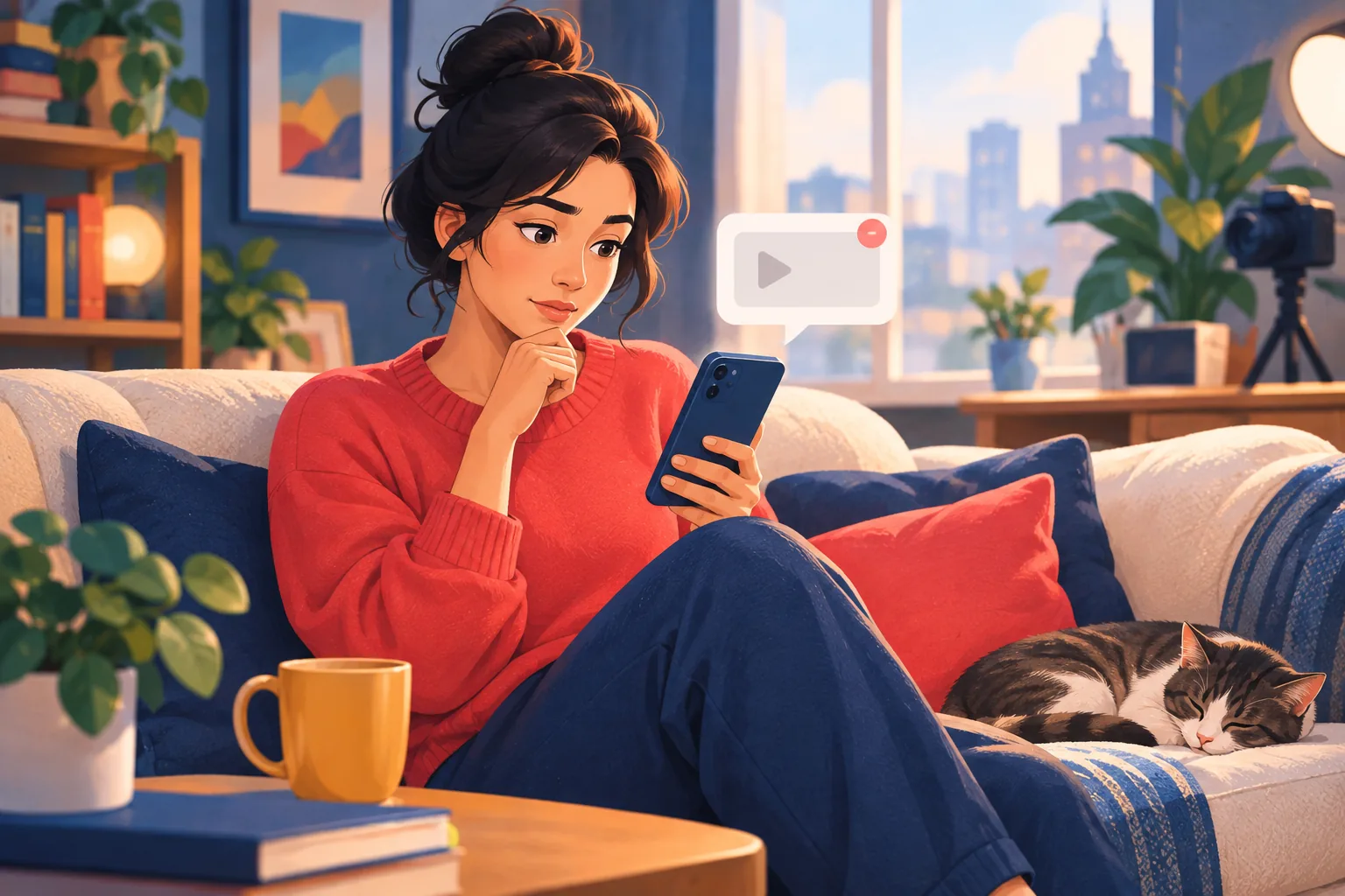 Woman glancing at her feed noticing a channel she loves went quiet for weeks without any alert