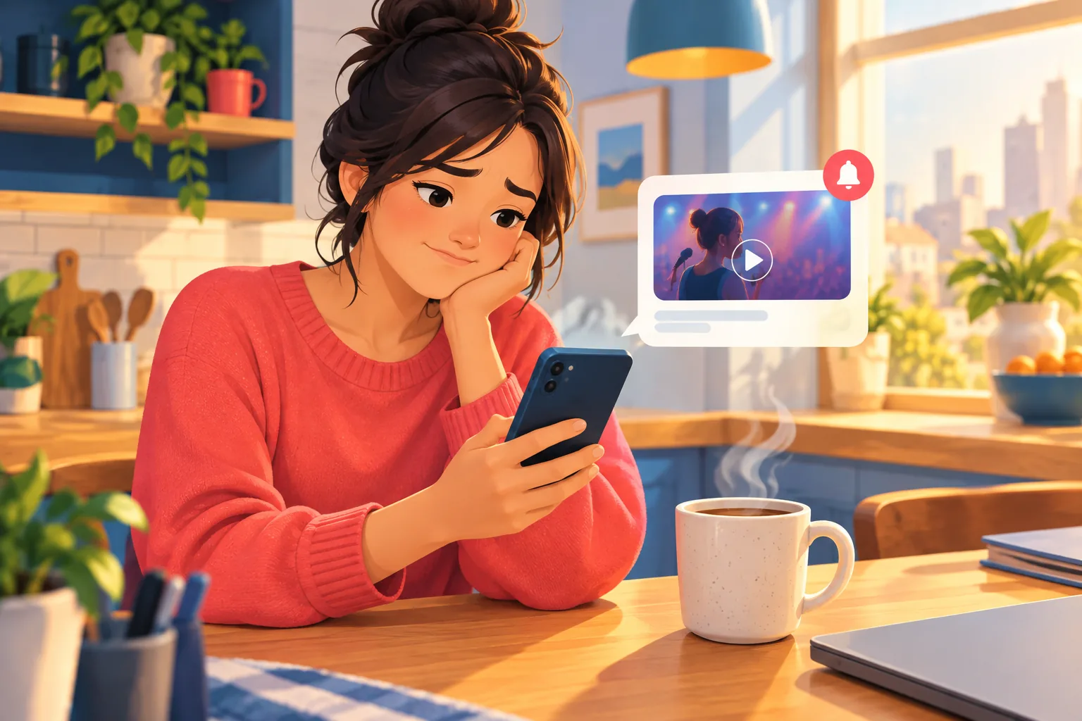 Woman seeing a notification arrive the next morning about a live stream that ended last night