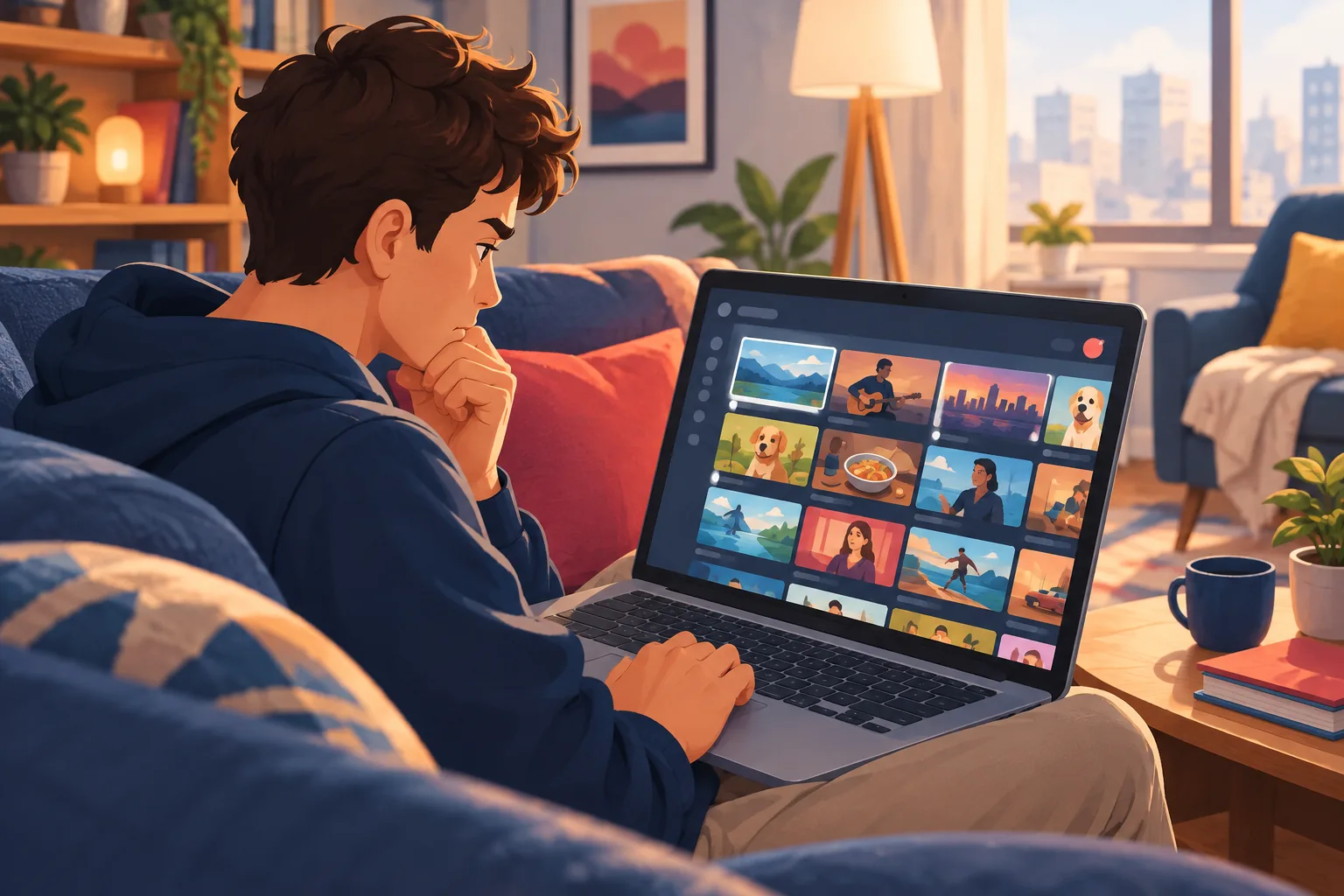 Man scrolling his home feed full of recommendations while an upload he wanted stays buried out of sight