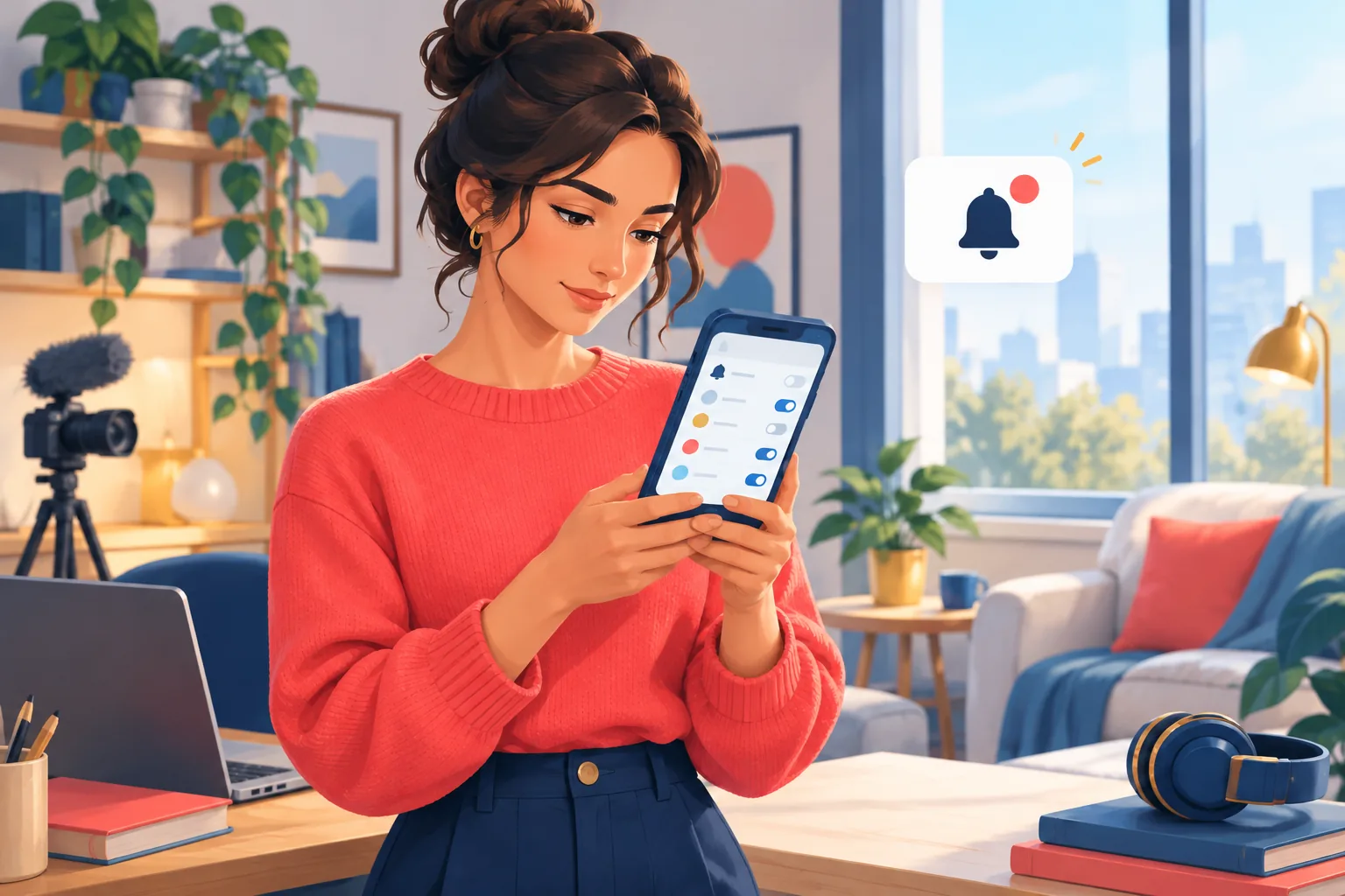 Woman calmly checking notification permissions on her phone settings screen in a bright room