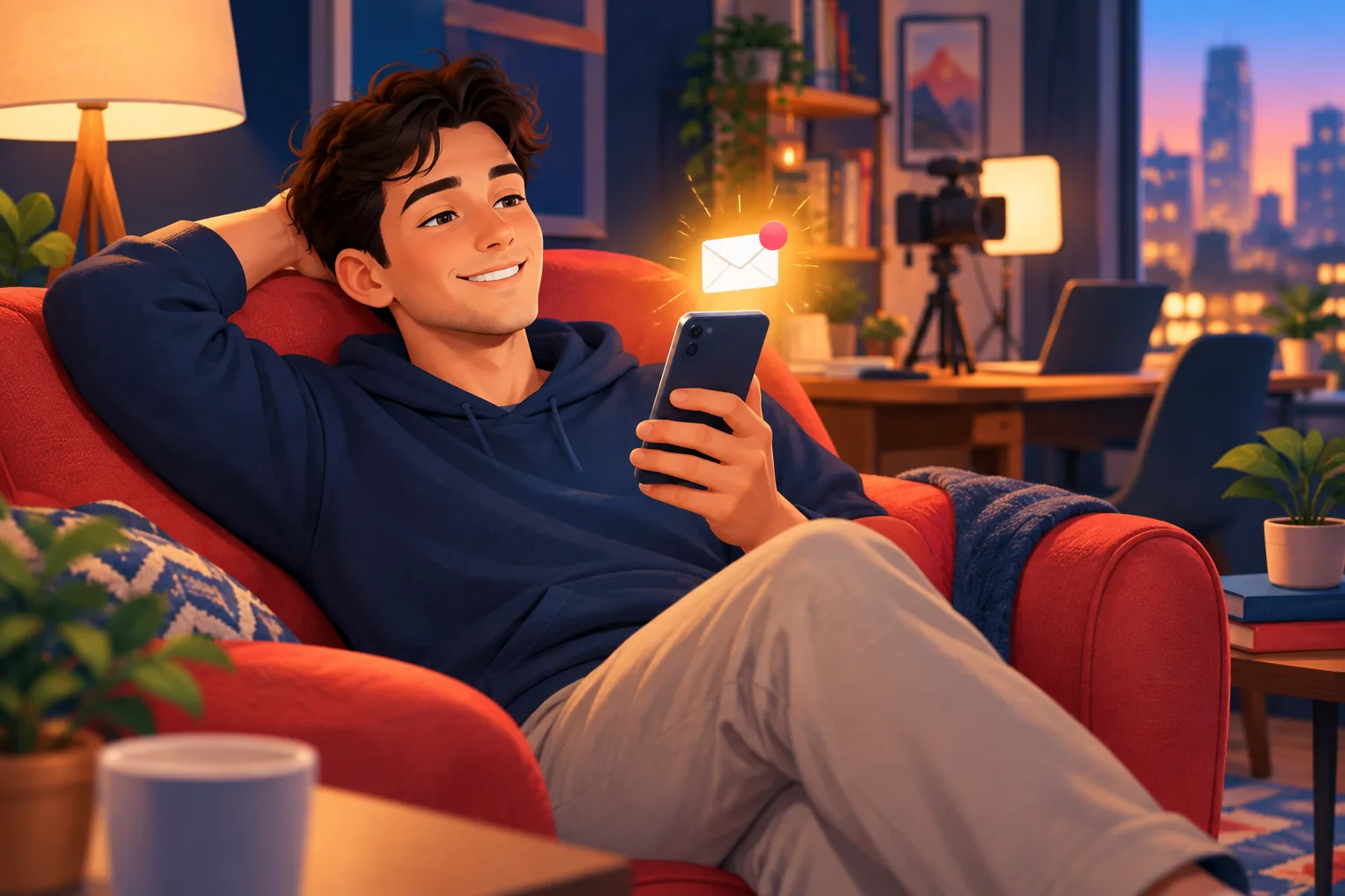 Man relaxing in an armchair smiling as a single new-video email arrives on his phone without any app