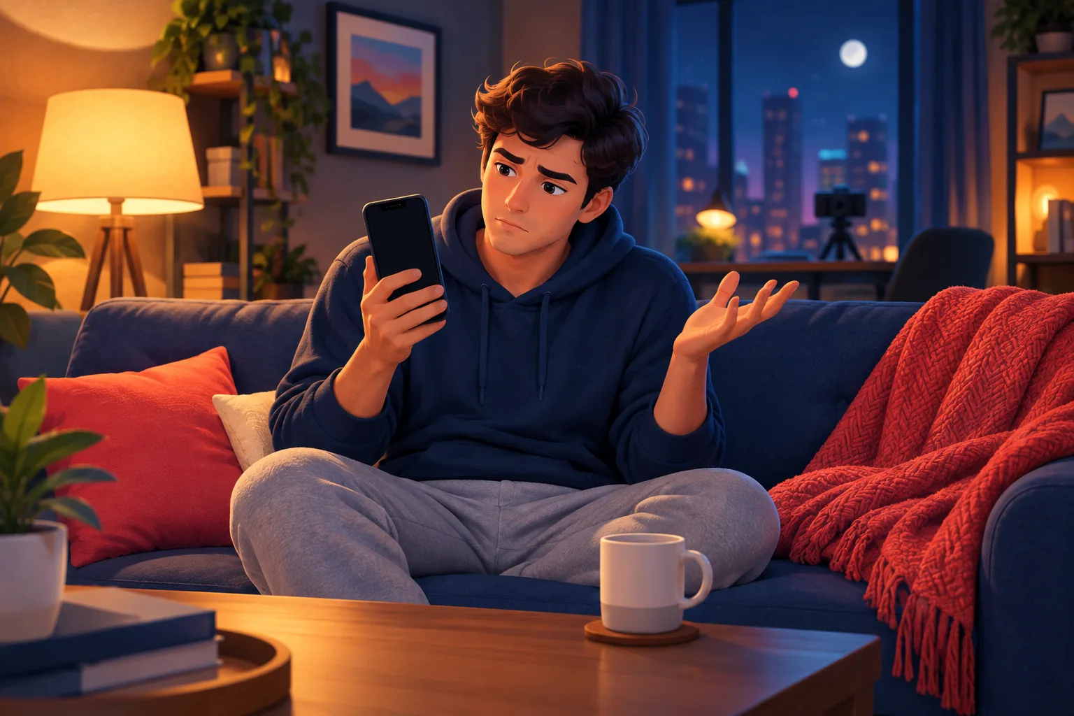 Man on his couch at night looking at a silent phone, wondering why YouTube stopped notifying him