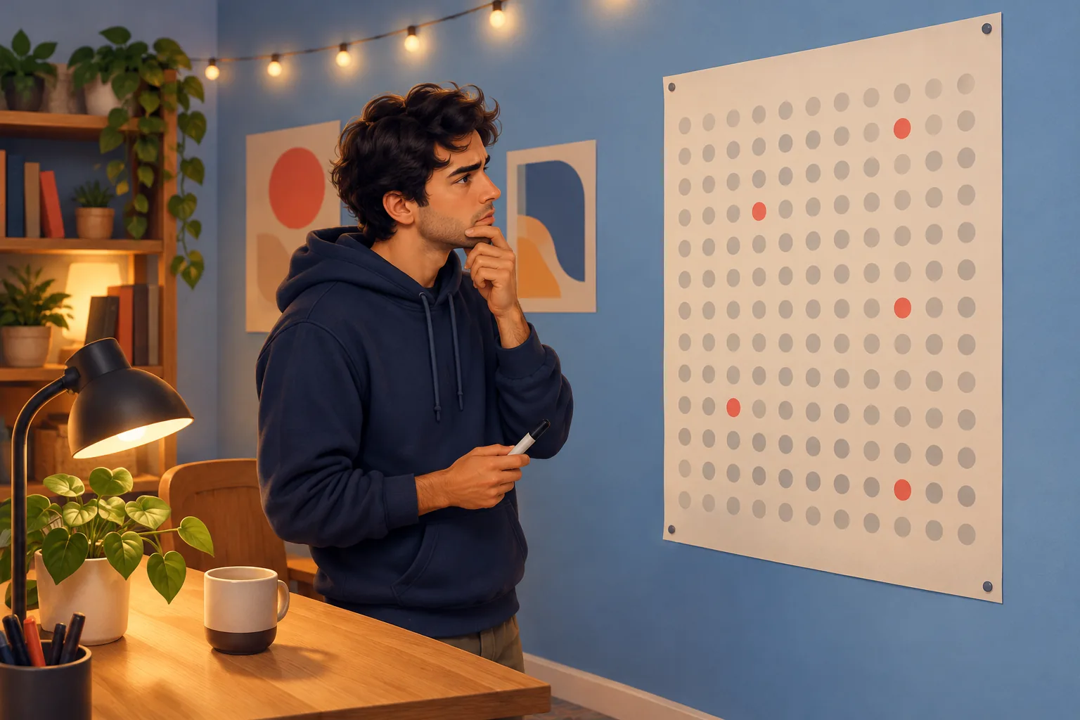 Creator in his home studio frowning at a paper grid of grey dots on the wall where only five are coral