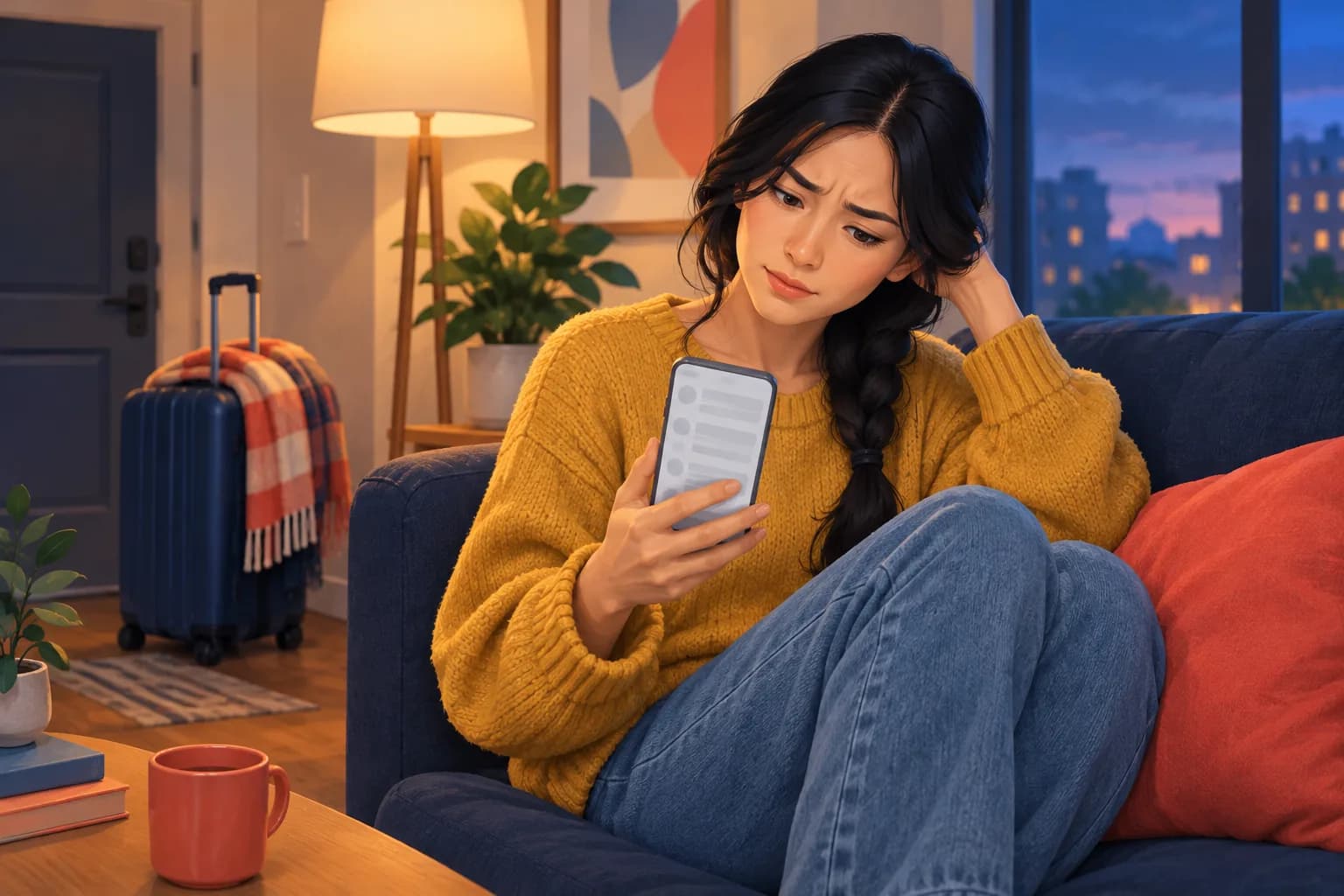 Young woman back from a month of travel, suitcase by the door, puzzled that her phone shows no alerts