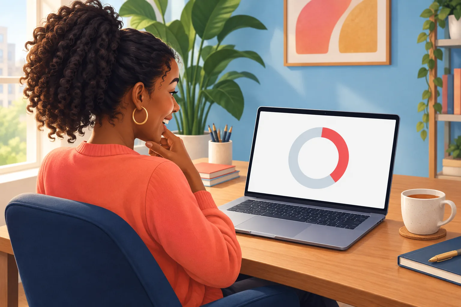 Creator at her sunny desk smiling at a donut chart on her laptop that is about two-fifths coral